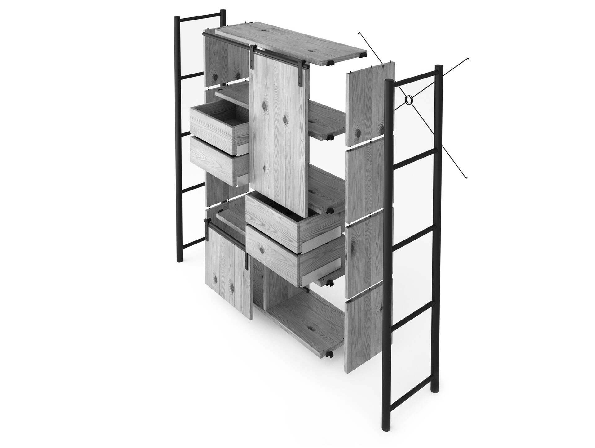 LIVERPOOL 5er Regal-Kombi II, Highboard aus Massivholz Thermo-Fichte, Metall schwarz Natur