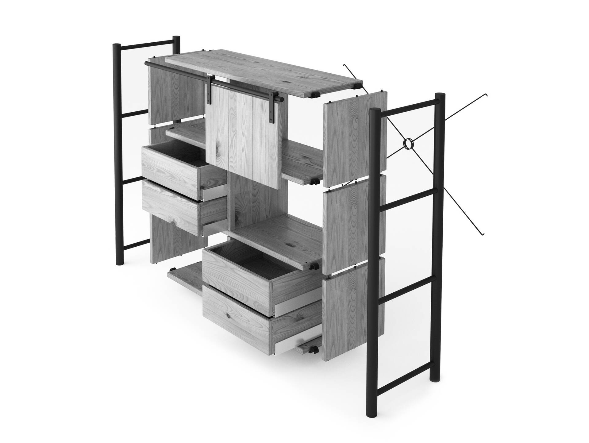 LIVERPOOL 4er Regal-Kombi II, Highboard II aus Massivholz, Thermo-Fichte, Metall schwarz Natur