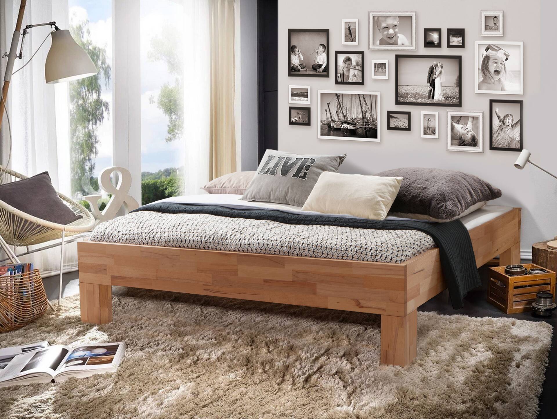 LÖWEN 4-Fuß Massivholzbett, ohne Kopfteil 180 x 200 cm | Buche unbehandelt | Standardhöhe