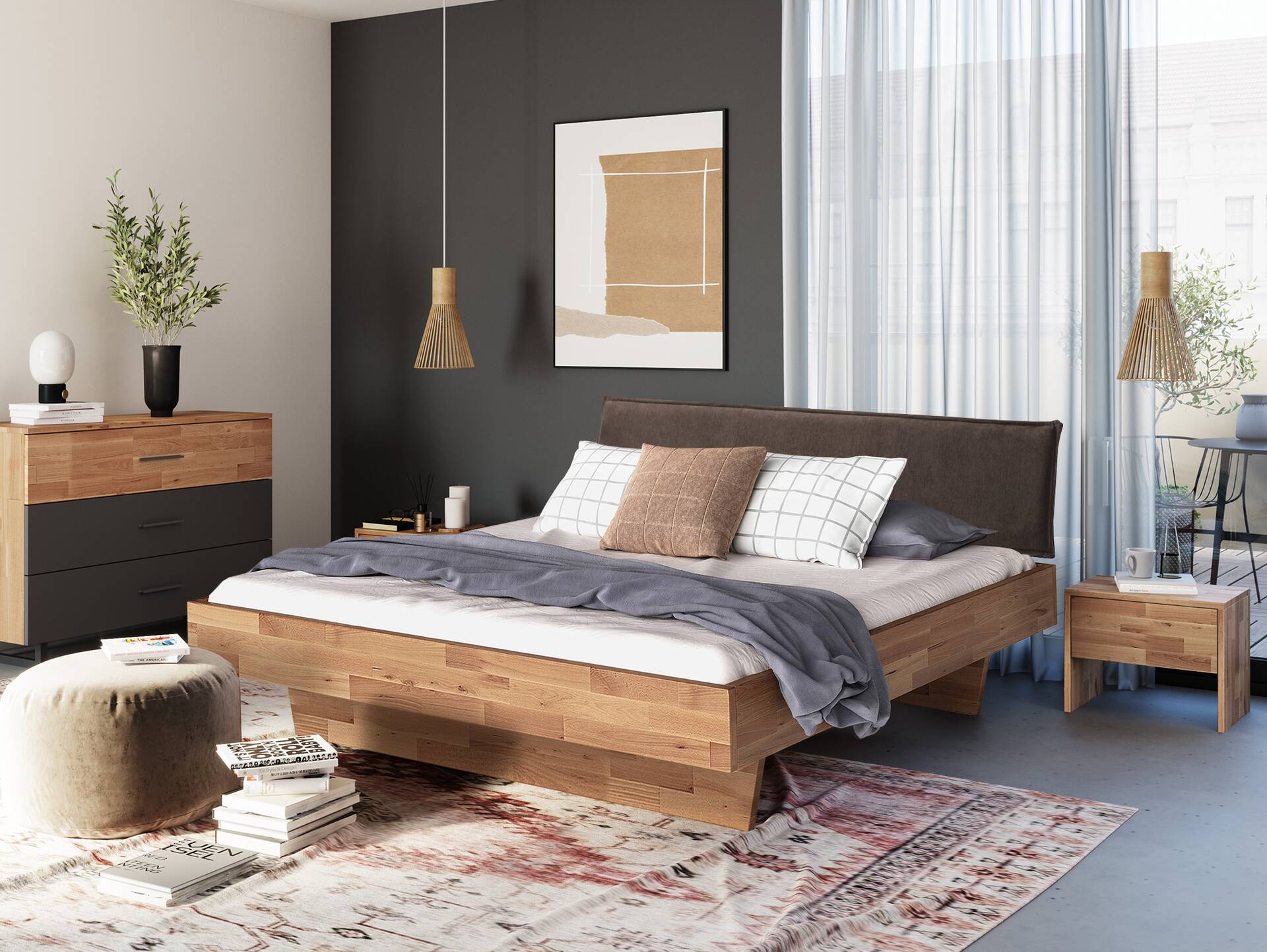 LÖWEN Wangenbett mit Polsterkopfteil, Material Massivholz 180 x 200 cm | Buche geölt | Stoff Braun ohne Steppung