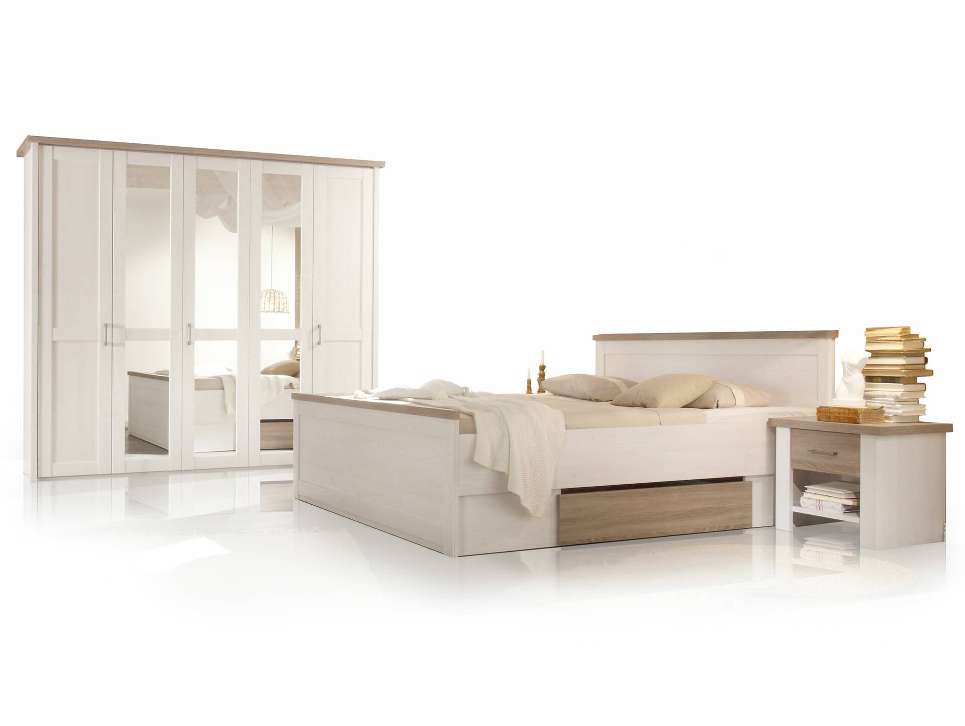 LUBA Komplett-Schlafzimmer, Material MDF, weiss piniefarbig /trüffelfarbig 
