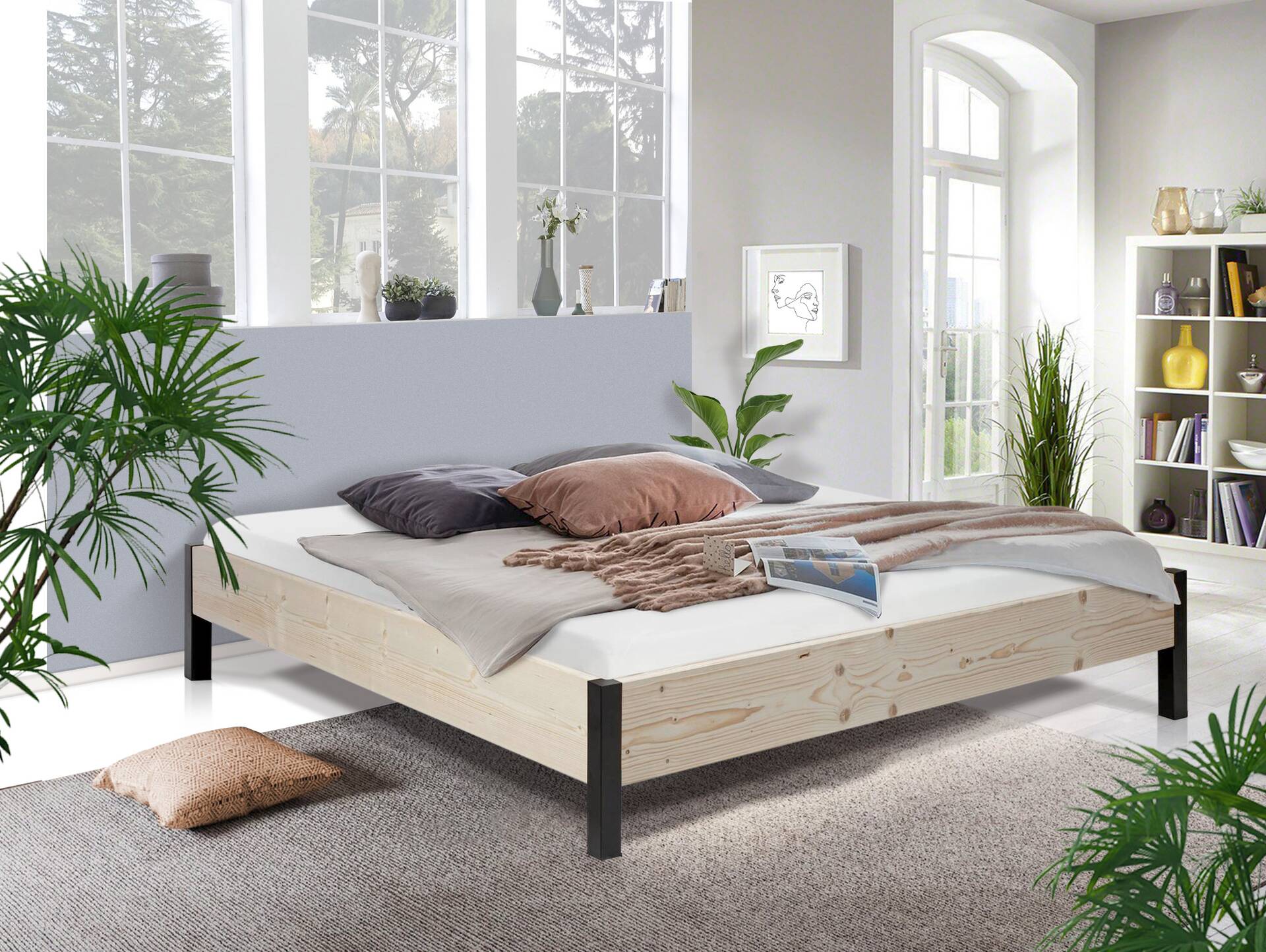 LUKY Bett Metallfuß, Material Massivholz, Fichte massiv, mit/ohne Kopfteil 120 x 200 cm | natur | ohne Kopfteil