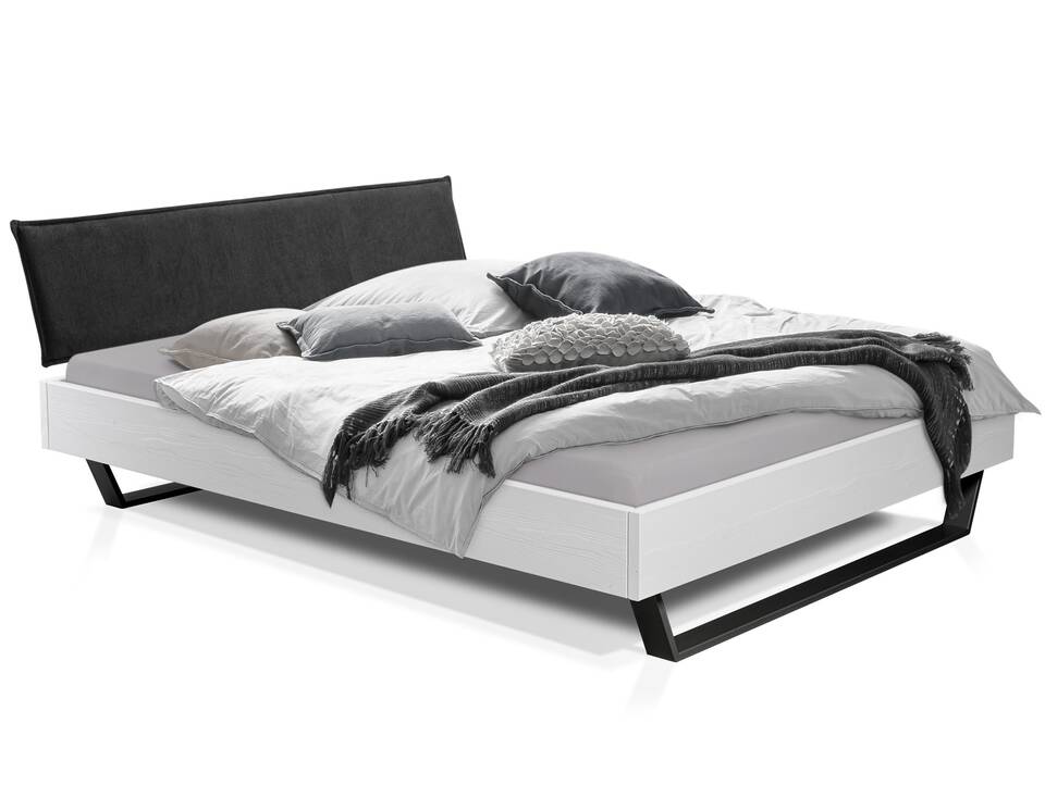 LUKY Kufenbett mit Polsterkopfteil, Material Massivholz, Fichte weiss/Kufen schwarz 140 x 200 cm | Stoff Anthrazit