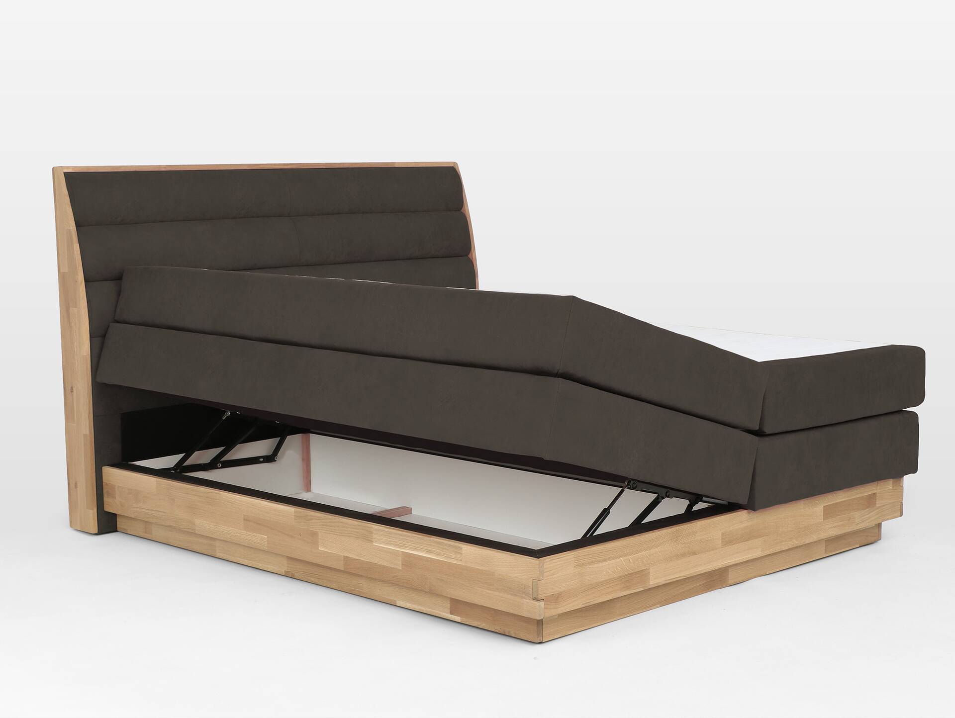 MAILO Boxspringbett mit Bettkasten, Material Massivholz Eiche/ Bezug Stoff in 2 Farben 160 x 200 cm | Braun