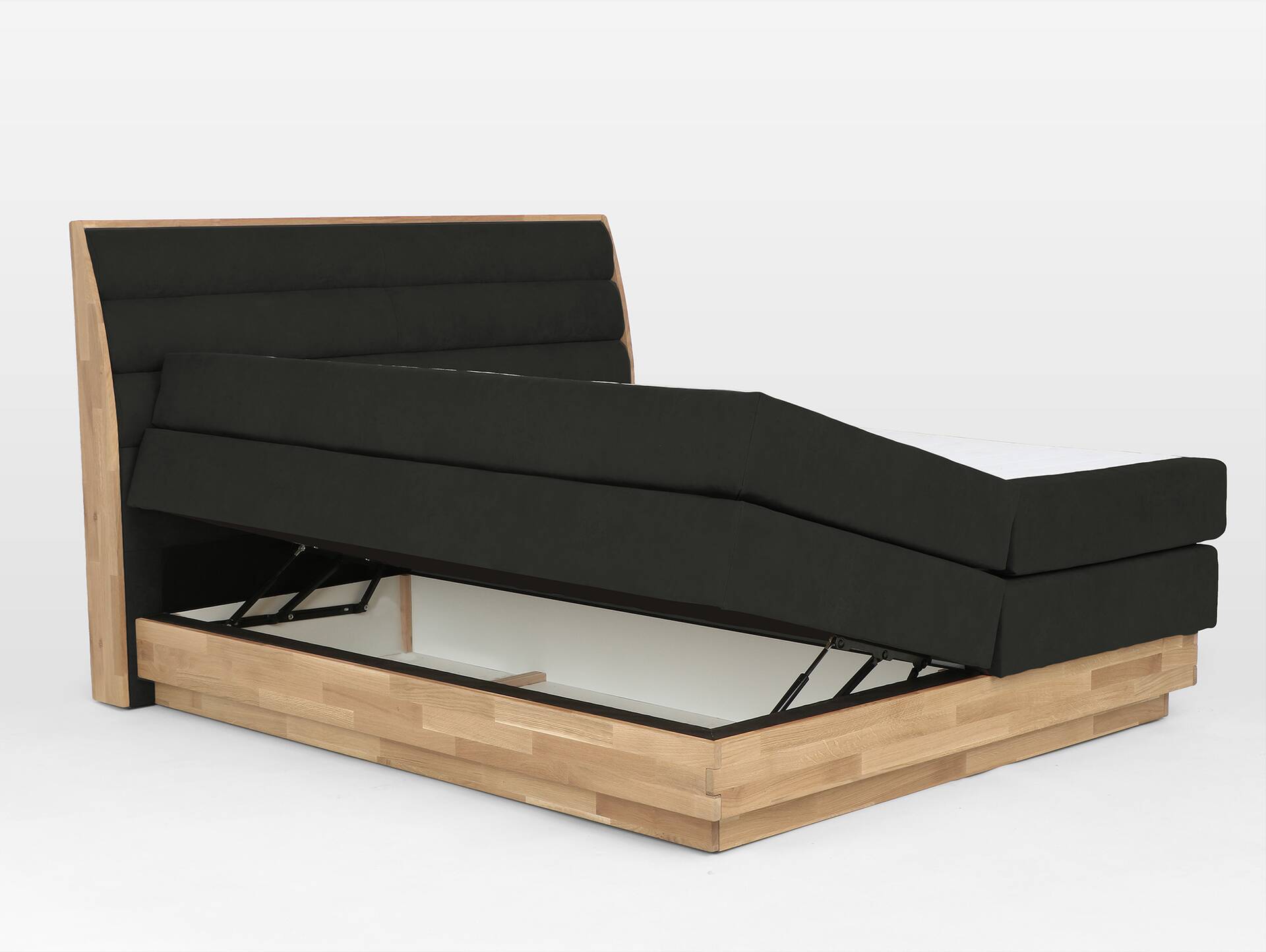 MAILO Boxspringbett mit Bettkasten, Material Massivholz Eiche/ Bezug Stoff in 2 Farben 180 x 200 cm | Schwarz