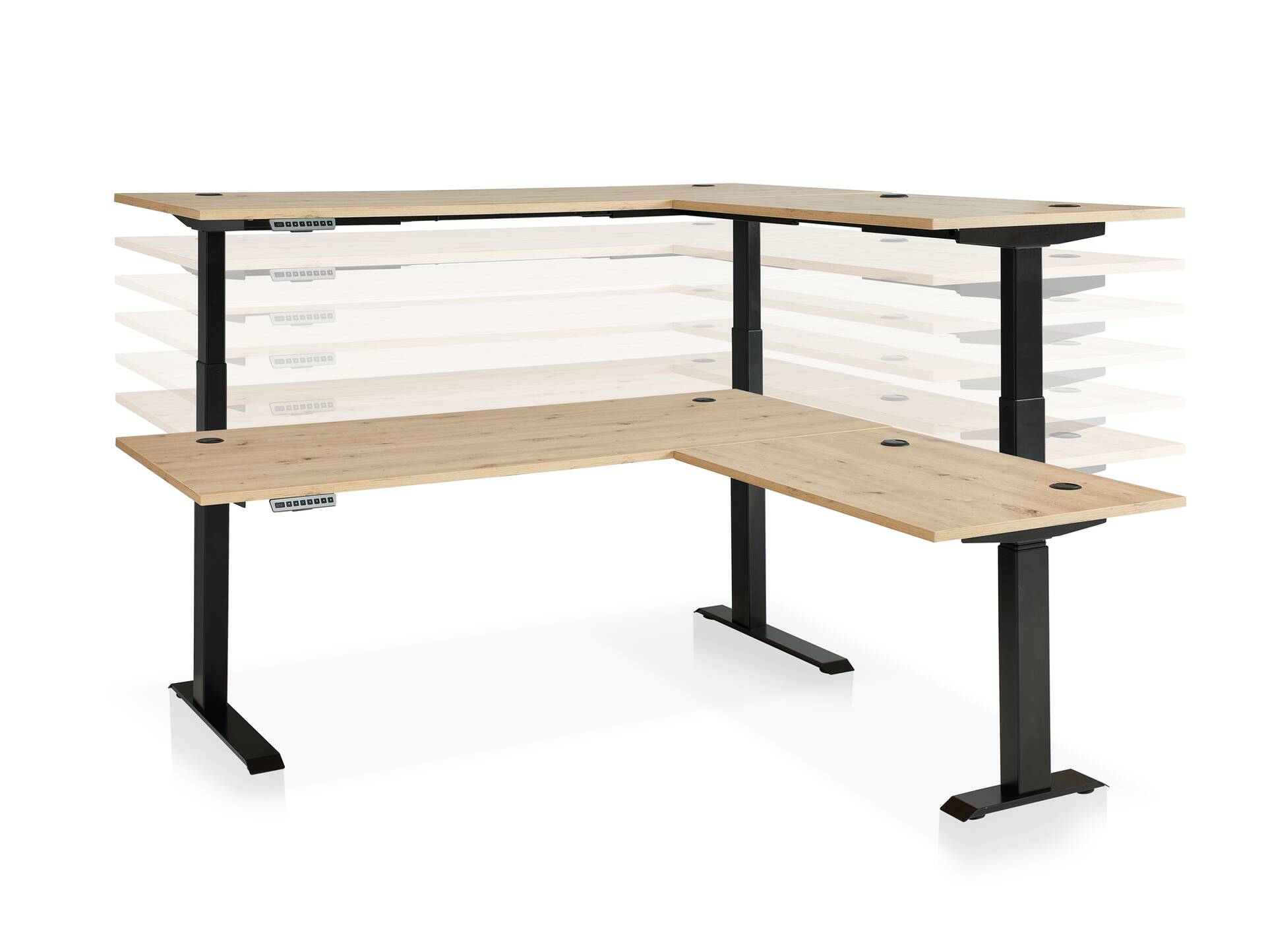 MAILAND höhenverstellbarer Eckschreibtisch, Material Dekorspanplatte, weiß/eichefarbig graphit/eichefarbig