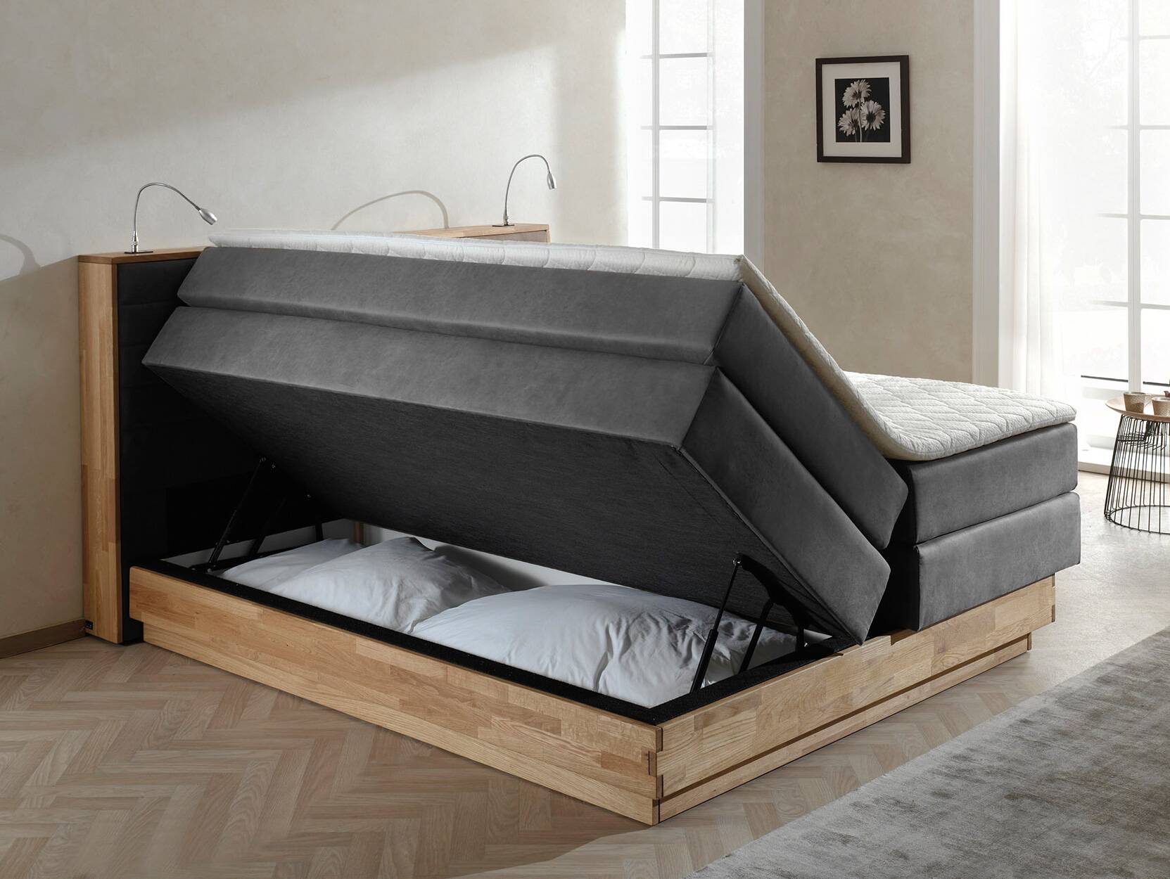 MENOTA Boxspringbett mit Bettkasten, massivem Holzrahmen und Bezug im Vintage Look 160 x 200 cm | grau | Härtegrad 2