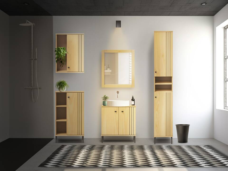 AYKO Regal II fürs Badezimmer,  Material Massivholz, Kiefer eichefarbig lackiert 