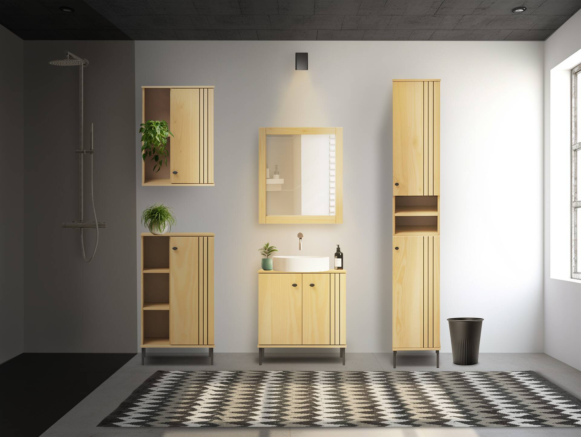 AYKO Hängeelement fürs Badezimmer, Material Massivholz, Kiefer eichefarbig lackiert 