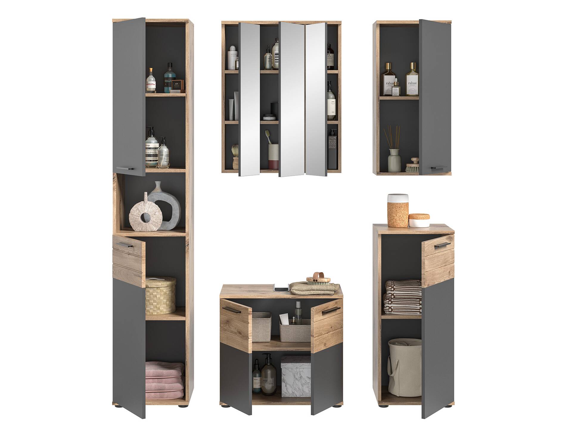 MORANO Badezimmerset I, Material Dekorspanplatte, Nox Oak Nachbildung/Basaltgrau 
