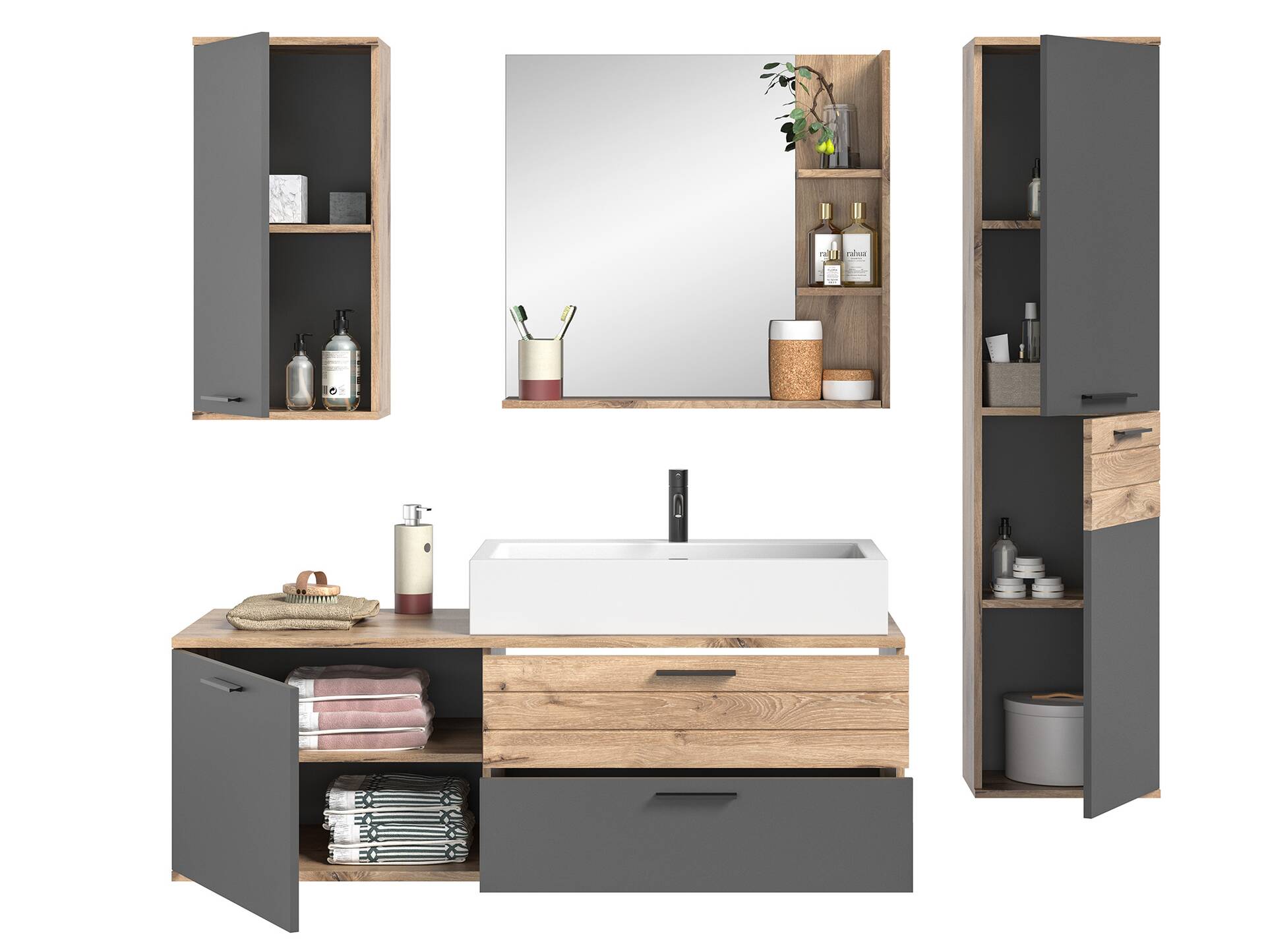 MORANO Badezimmerset II, Material Dekorspanplatte, Nox Oak Nachbildung/Basaltgrau 