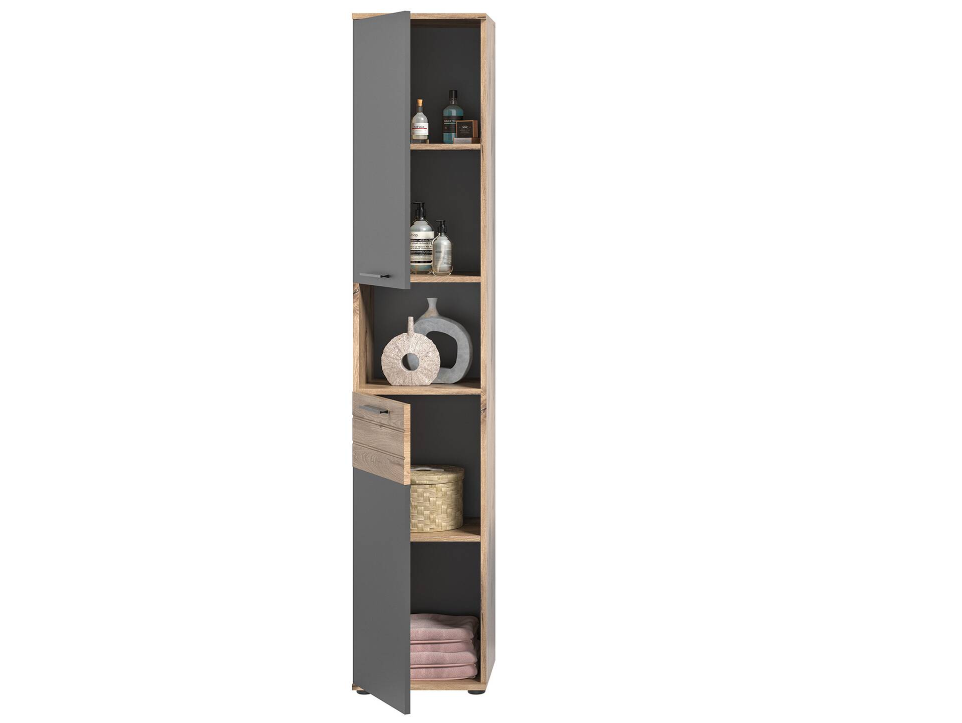 MORANO Hochschrank fürs Badezimmer, Material Dekorspanplatte, Eichefarbig/Grau 