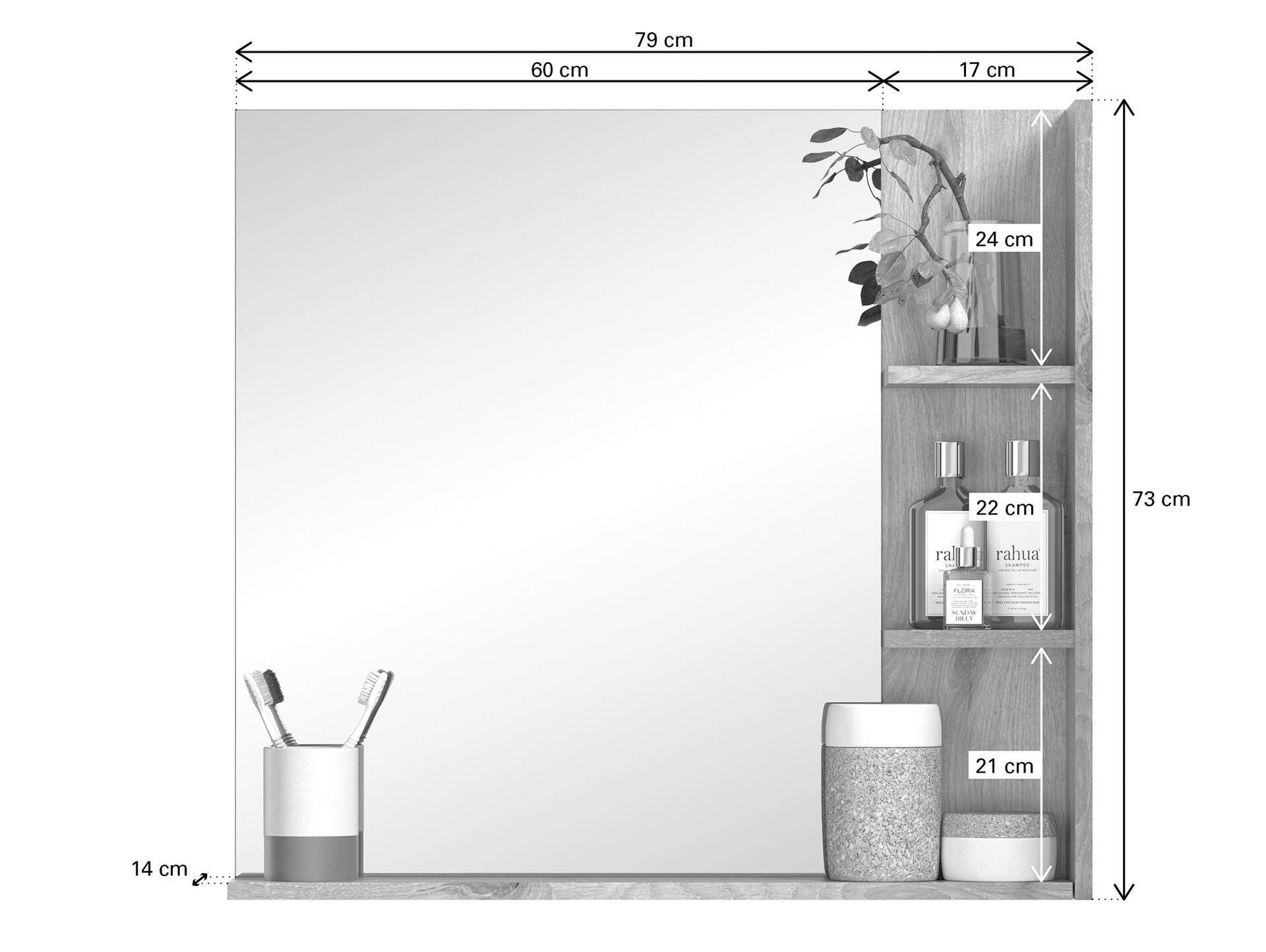 MORANO Spiegel mit Regal, Material Dekorspanplatte, Nox Oak Nachbildung 