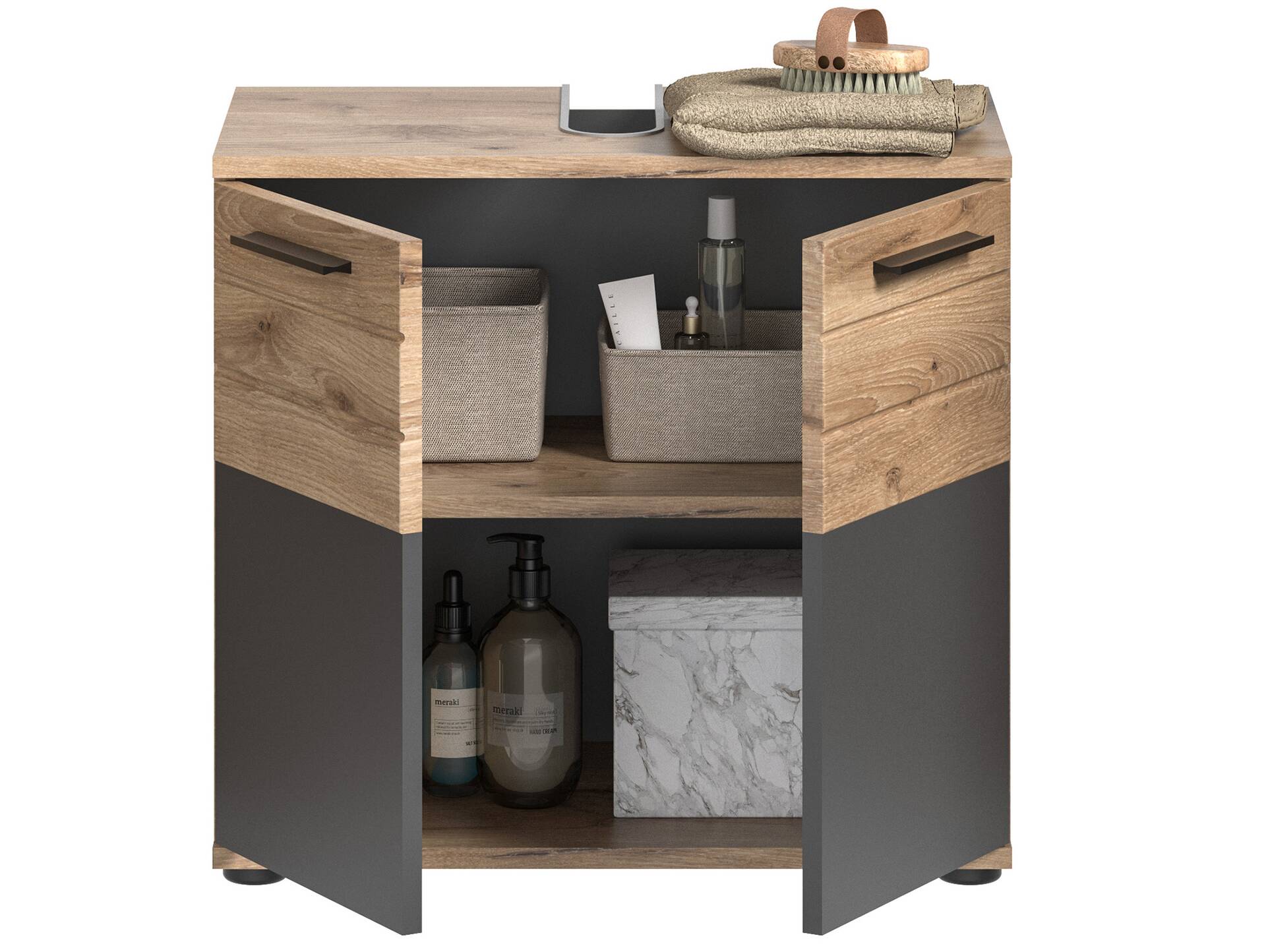 MORANO Waschbeckenunterschrank, Material Dekorspanplatte, Nox Oak Nachbildung/Grau 