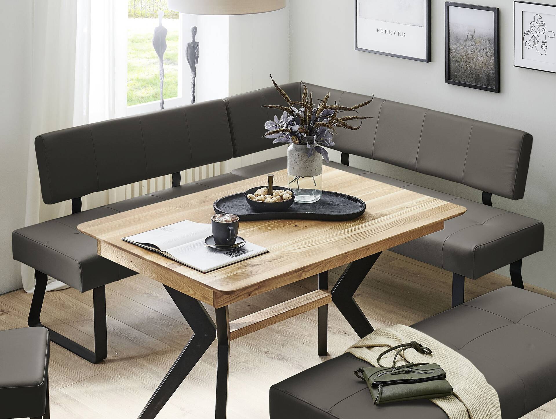 NASHVILLE Eckbank mit Echtlederbezug, Gestell Metall schwarz 147 x 167 cm