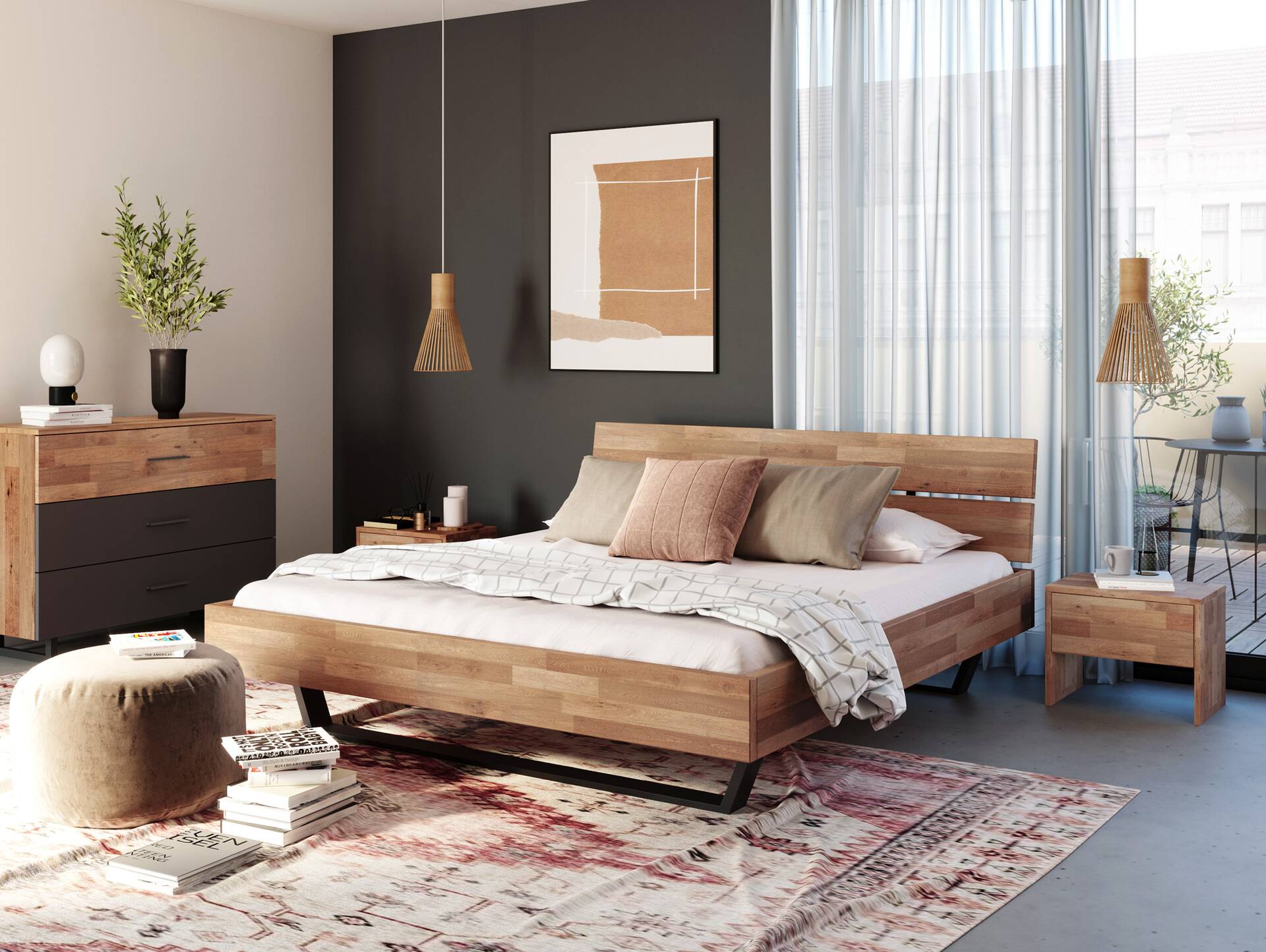 LÖWEN Kufenbett mit Kopfteil, Material Massivholz 140 x 220 cm | Wildeiche geölt
