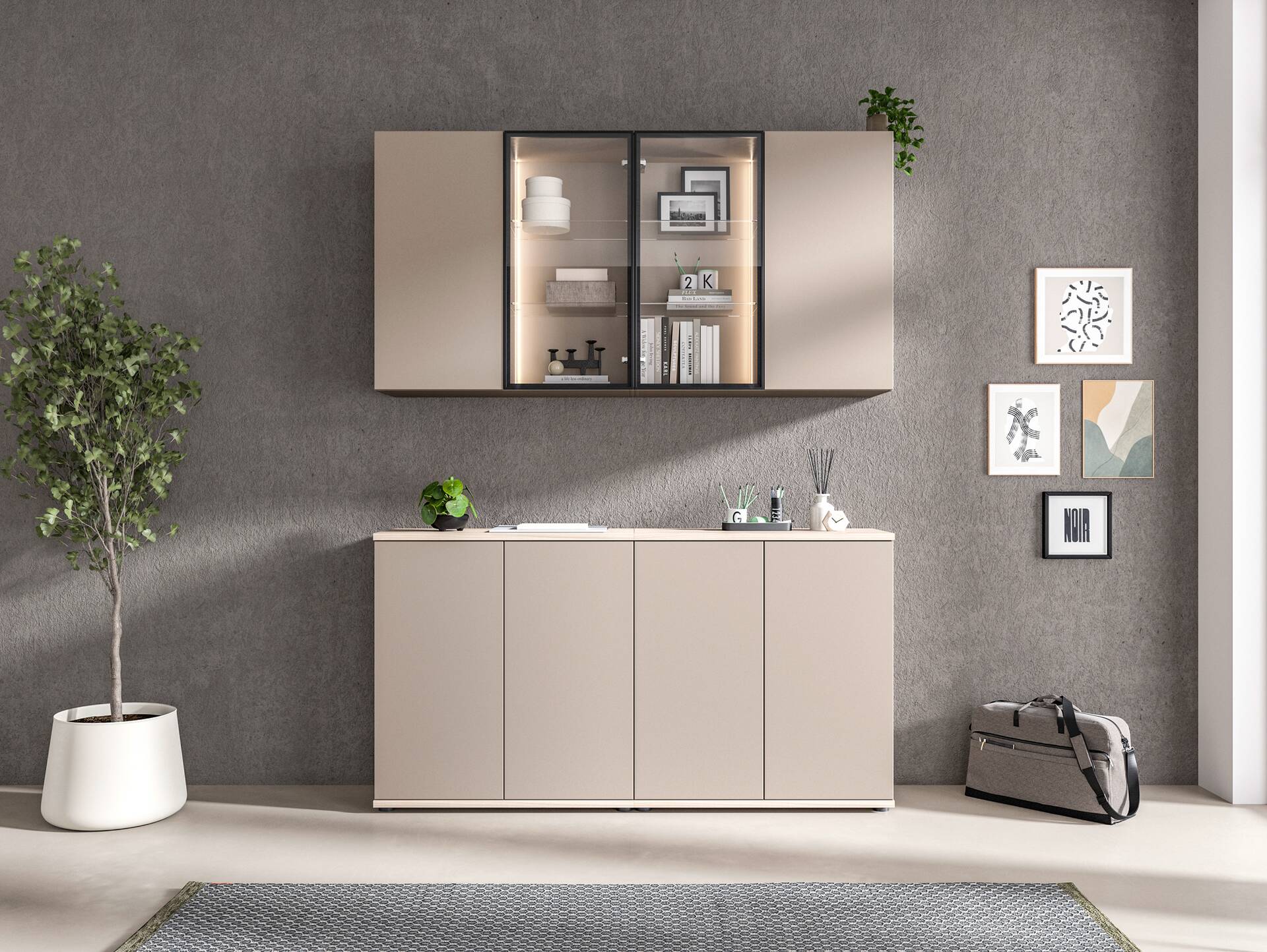 OSLO Highboardkombi, Material Dekorspanplatte Eichefarbig/basalt matt