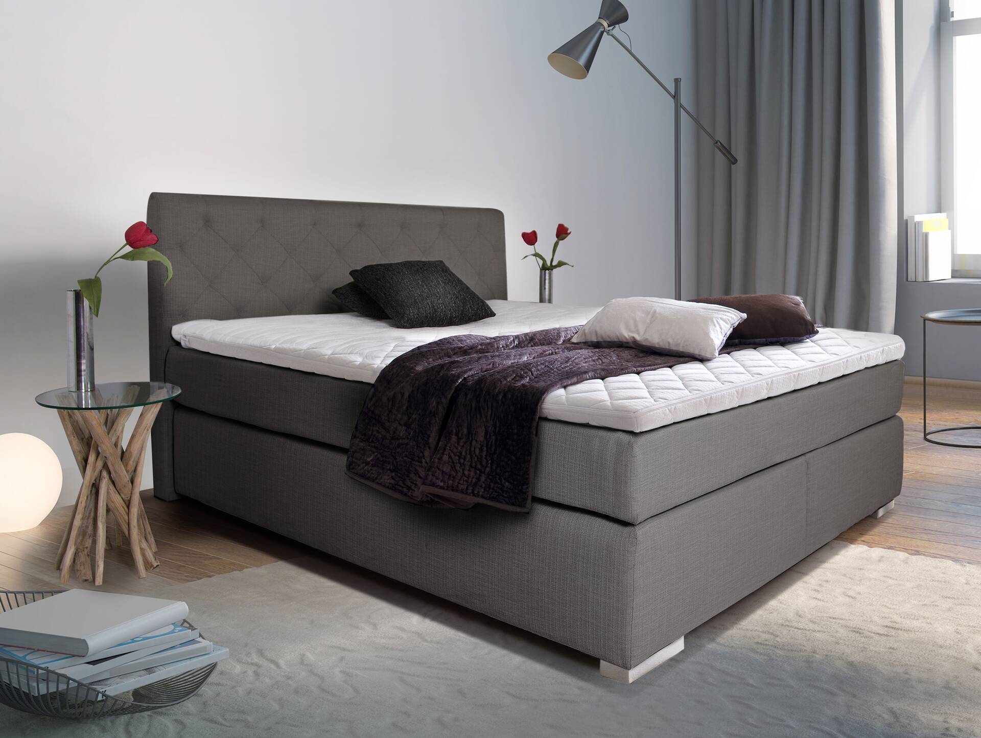 PREMIUM Boxspringbett inkl. Kopfteil 100 x 200 cm | anthrazit | Härtegrad 3