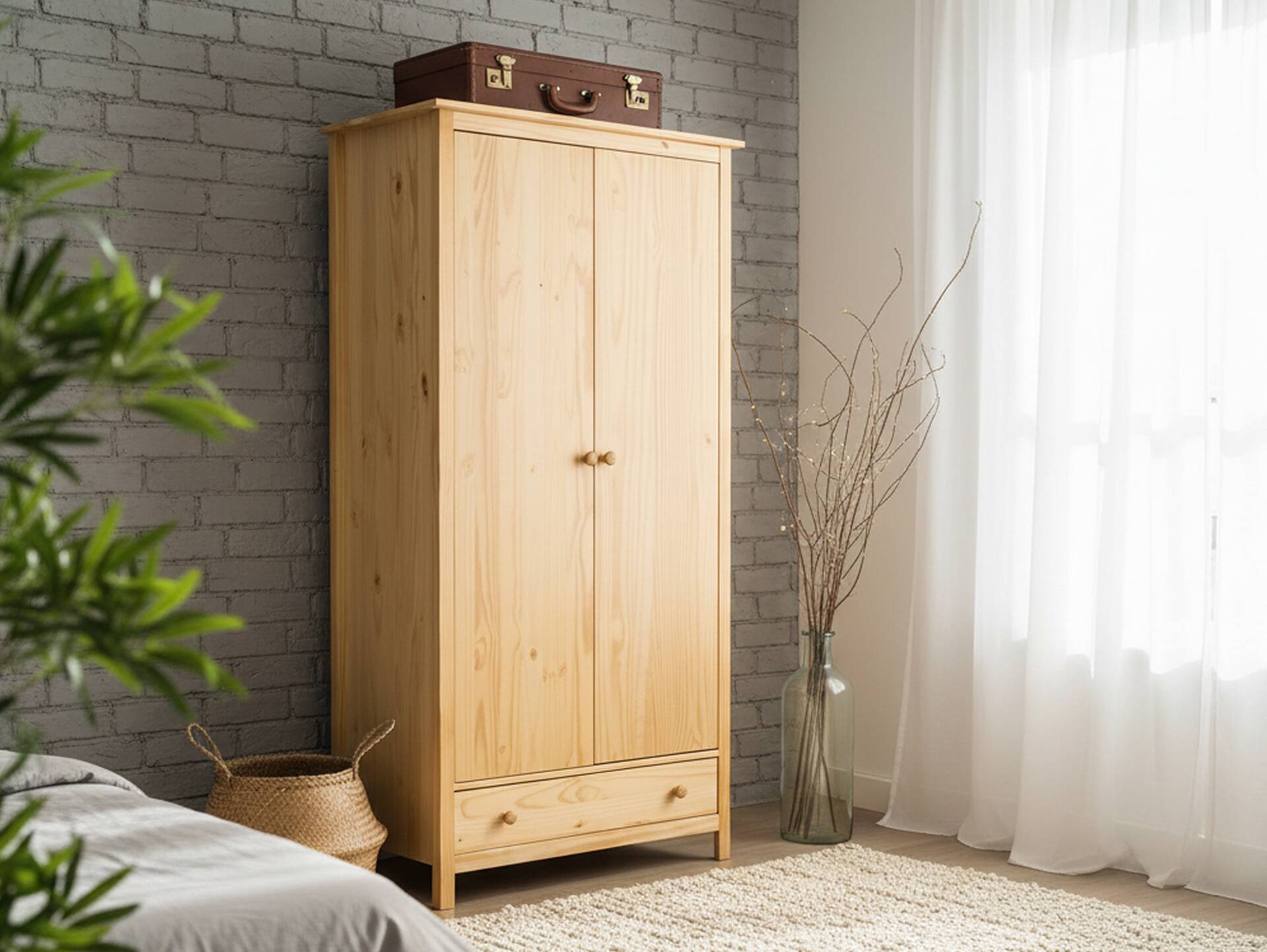 TOBINO Kleiderschrank, Material Massivholz, Kiefer Kiefer gewachst | Metall