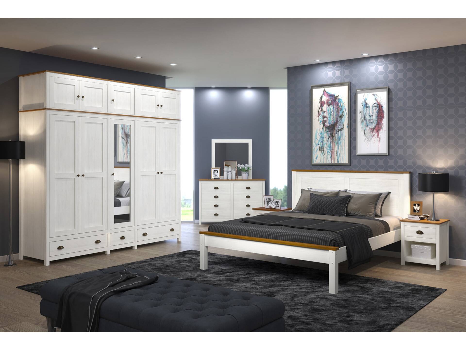 TRICO Kleiderschrank / Drehtürenschrank, Material Massivholz, Kiefer weiss/eichefarbig 5-türig