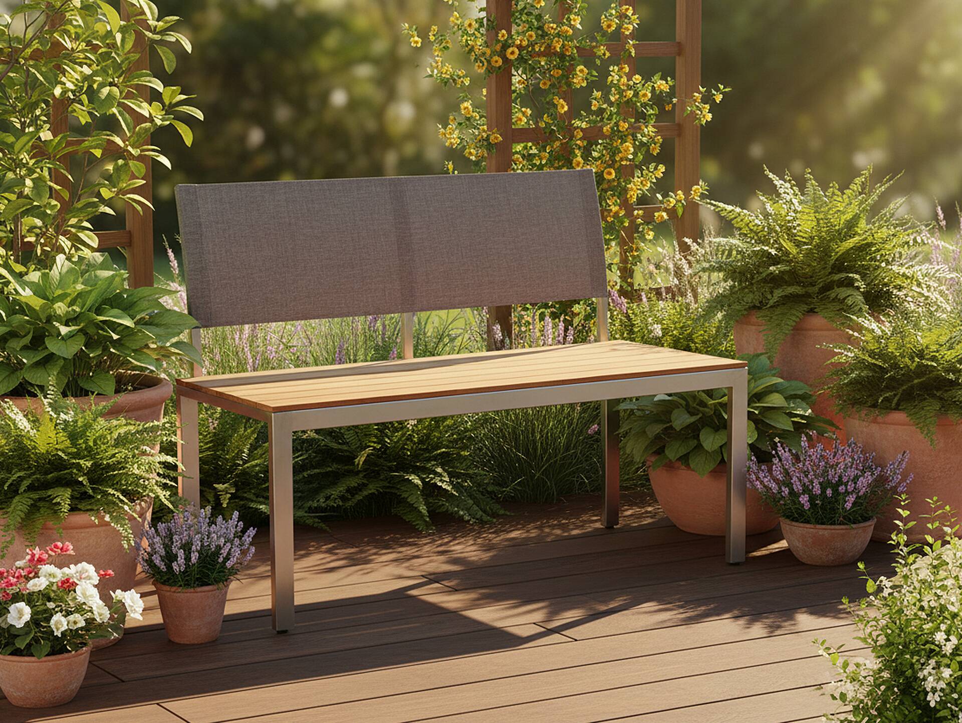 VIONA Gartenbank, Material Edelstahl, Teak/Leinen grau 110 cm