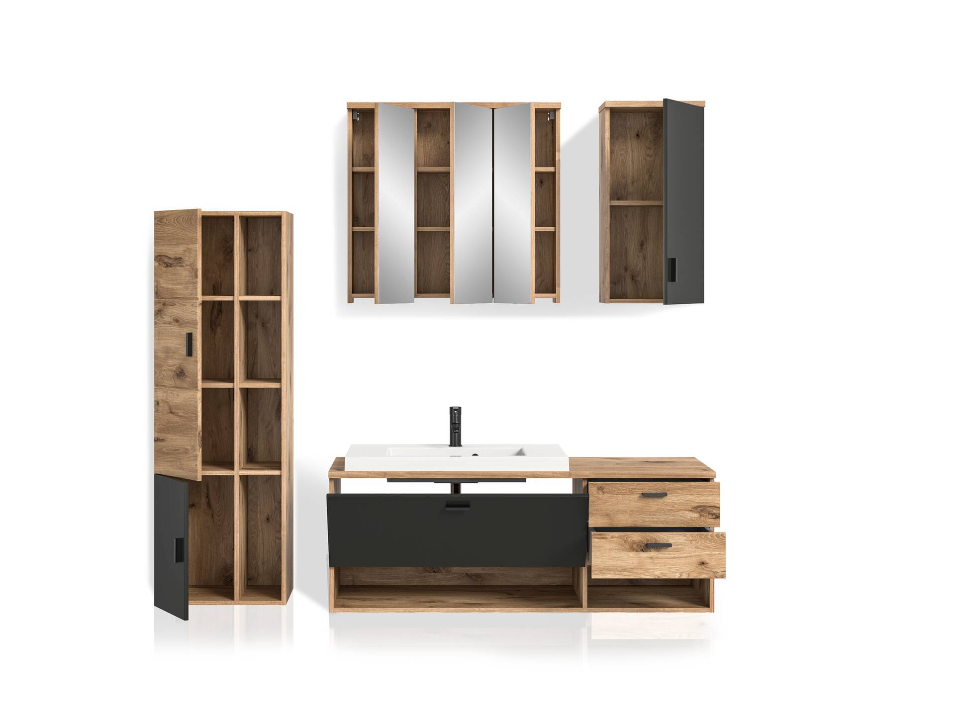 GOLDENBAY Badezimmerset I, Material Dekorspanplatte, Nox Oak Nachbildung/Grau matt 