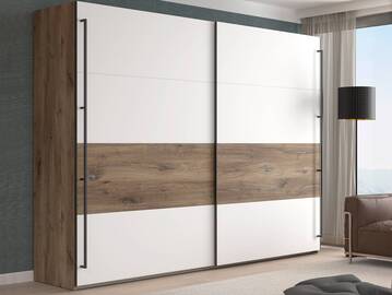 KACY Schiebetürenschrank, Material Dekorspanplatte, Flagstaff Eichefarbig/Weiß