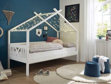 LESSIE Pfostenbett mit Dach/ Hausbett, Material Massivholz, Kiefer weiss