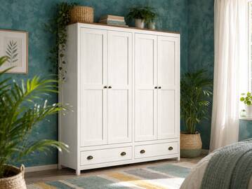 TRICO Kleiderschrank / Drehtürenschrank, Material Massivholz, Kiefer weiss/eichefarbig 4-türig