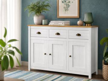 TRICO Sideboard, 3 Türen, Material Massivholz, weiss/eichefarbig