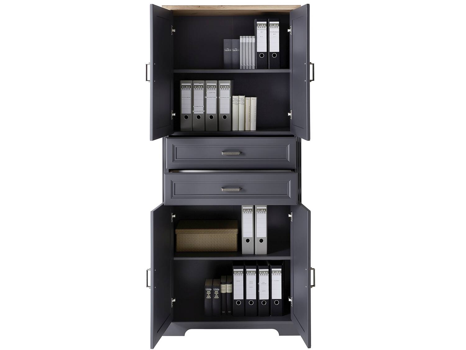 JADY Büroschrank, 4 Türen + 2 Schubkästen, Material MDF/Dekorspanplatte graphitfarbig/eichefarbig