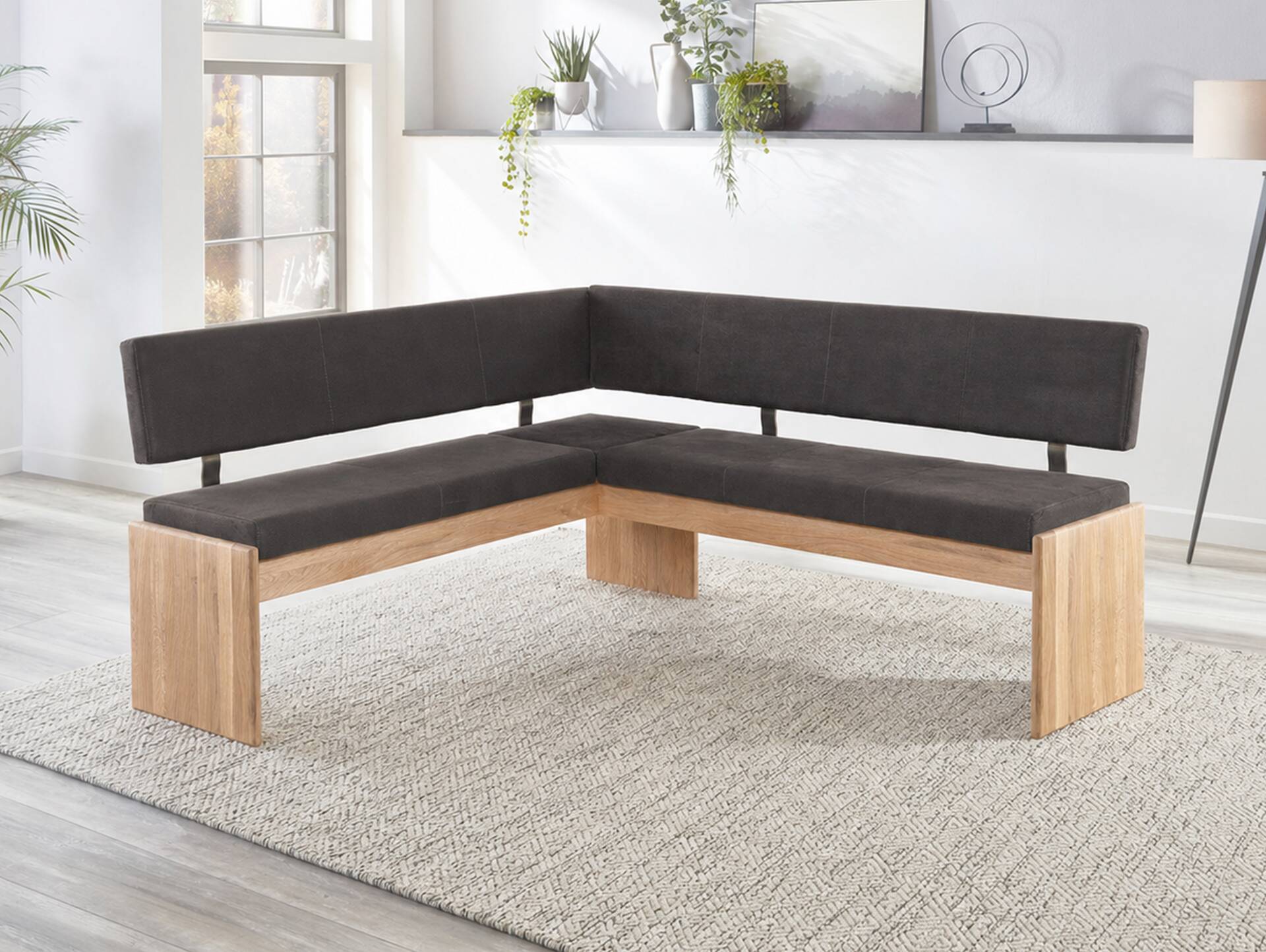 SIRION Eckbank mit Truhe aus Eiche, Material Massivholz/Bezug Mikrofaser 167 x 224 cm | dunkelgrau