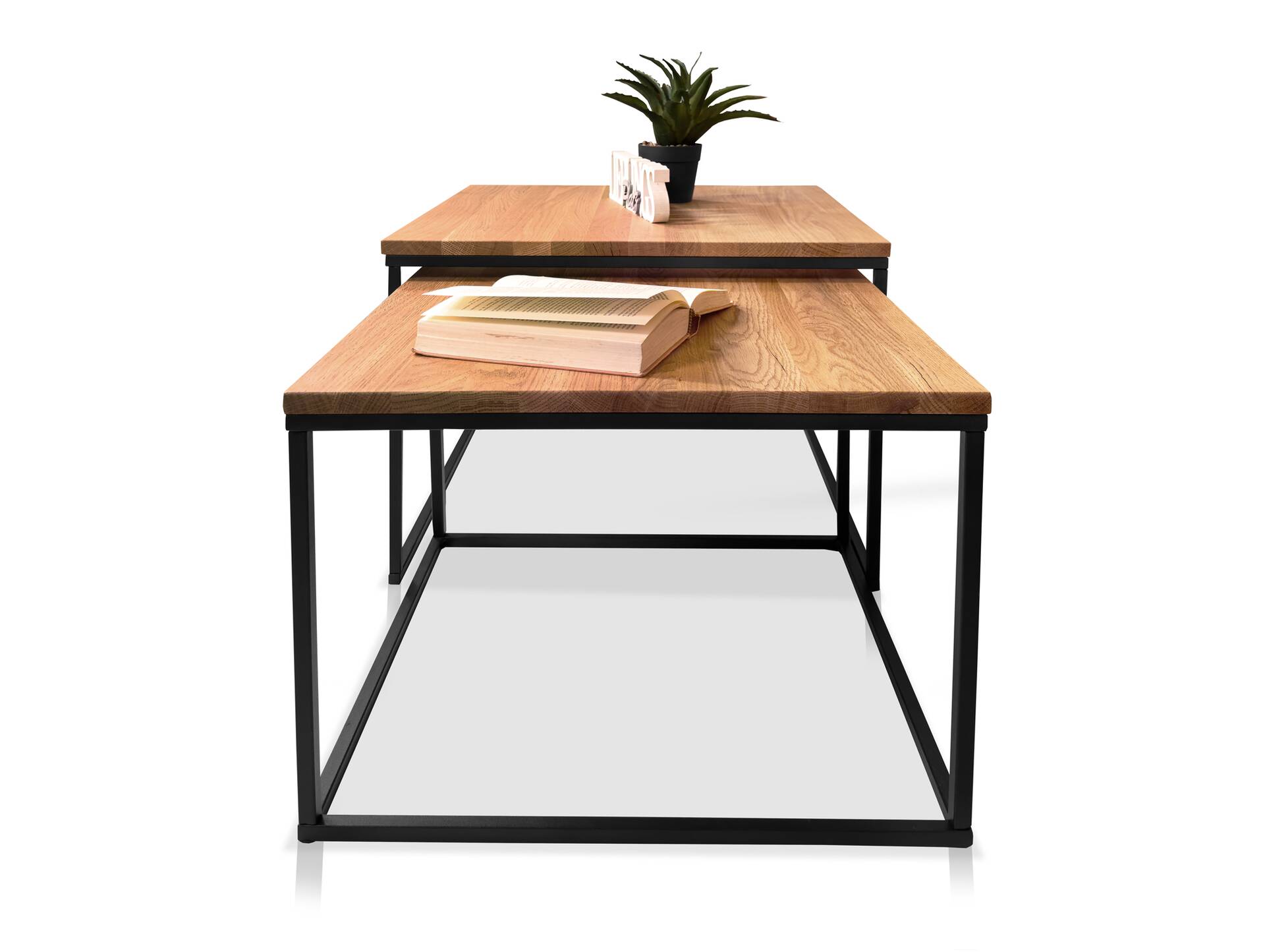 BINTO 2-er Set Beistelltische, Material Massivholz/Metall, Eiche geölt/schwarz 