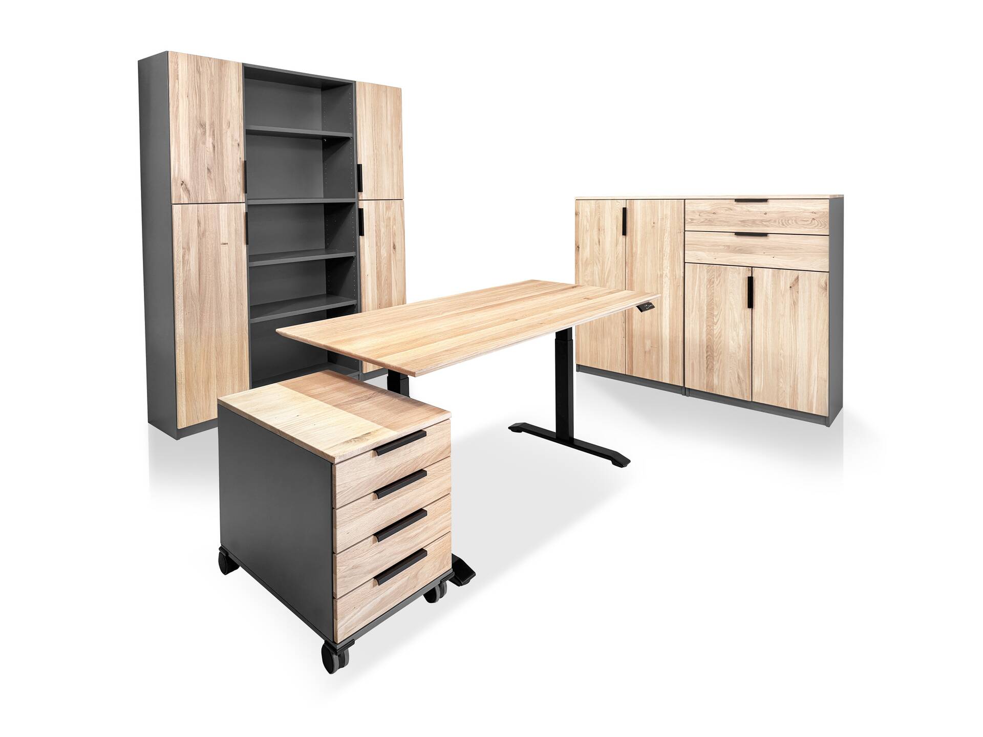 OFFICE OAK Komplettbüro I, Material teilmassiv, Eiche/graphitfarbig 