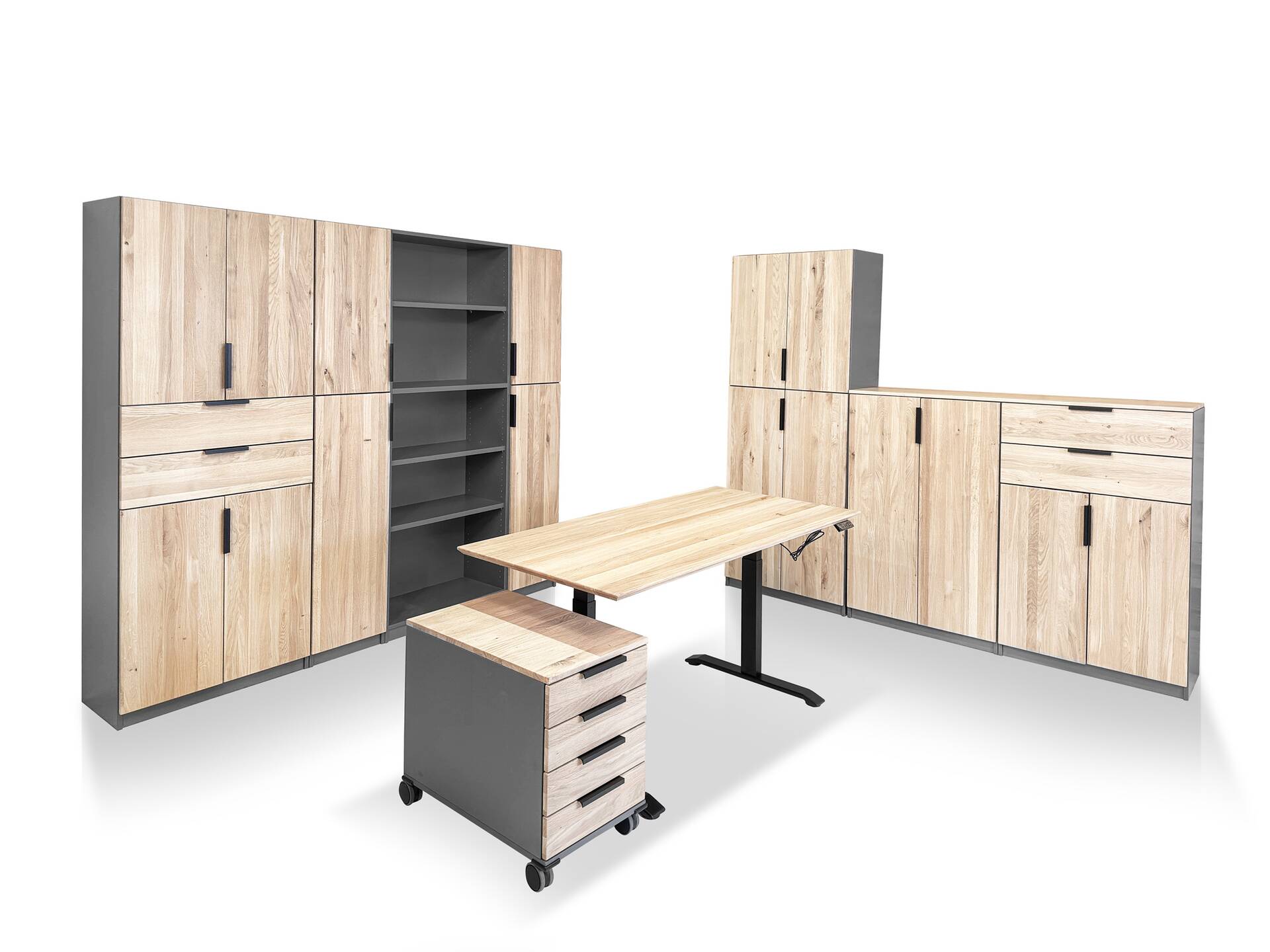 OFFICE OAK Komplettbüro II, Material teilmassiv, Eiche/graphitfarbig 