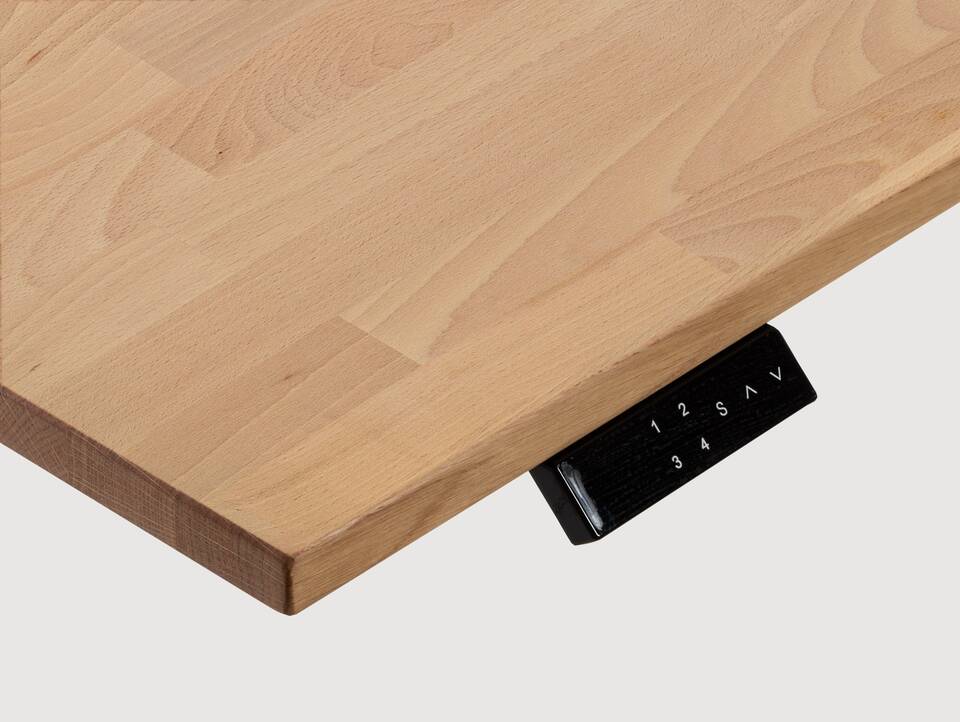 OFFICE ONE Massiv, elektrisch höhenverstellbarer Schreibtisch / Stehtisch, Material Massivholz 120 x 80 cm | Buche | grau