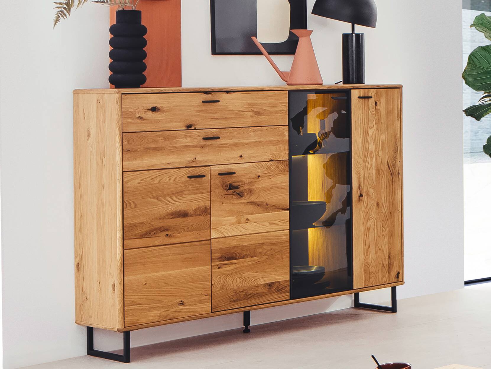 ALMERIO Highboard, Wildeiche teilmassiv, anthrazitfarbig 