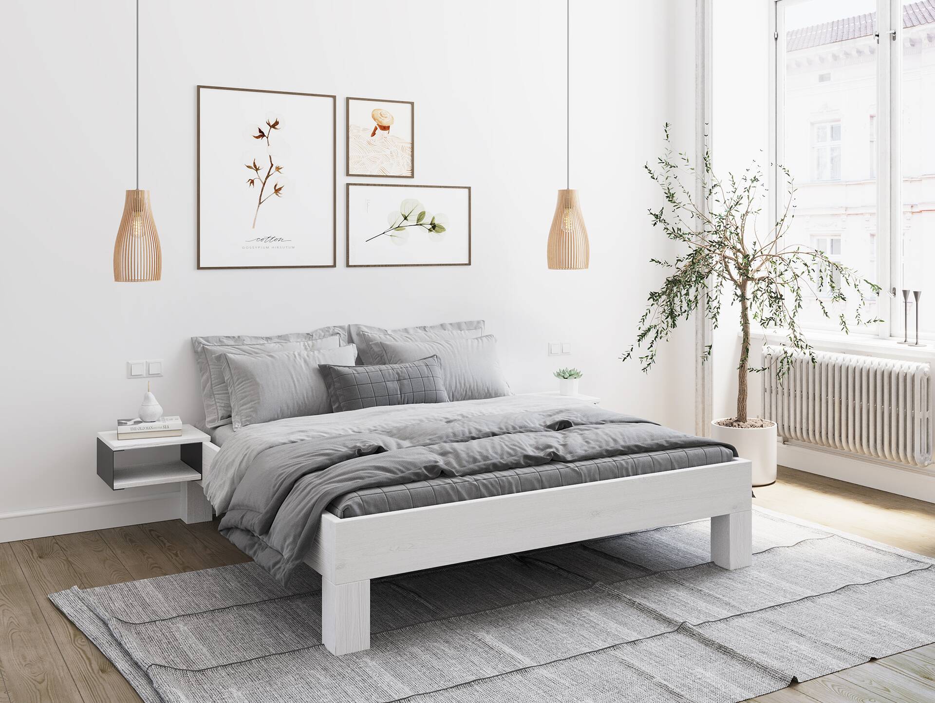 LUKY 4-Fuß-Bett, Material Massivholz, Fichte massiv, mit/ohne Kopfteil 90 x 220 cm | weiss | ohne Kopfteil