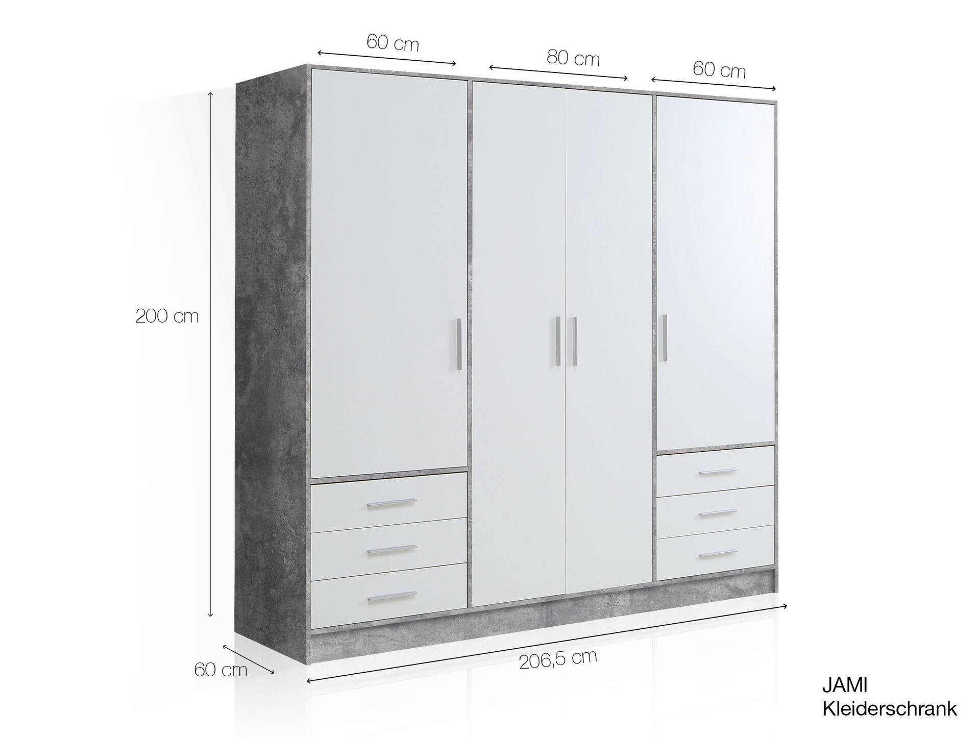 JAMI Kleiderschrank 4-trg. mit 6 Schubkästen, Material Dekorspanplatte betonfarbig/weiss