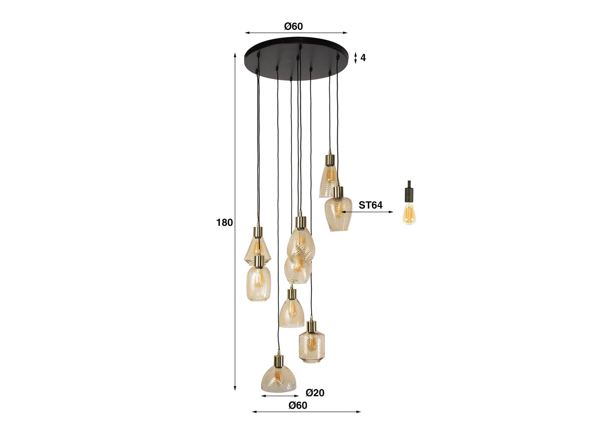 ELIAN Hängelampe, 9-flammig, Material Glas, bernsteinfarbig 