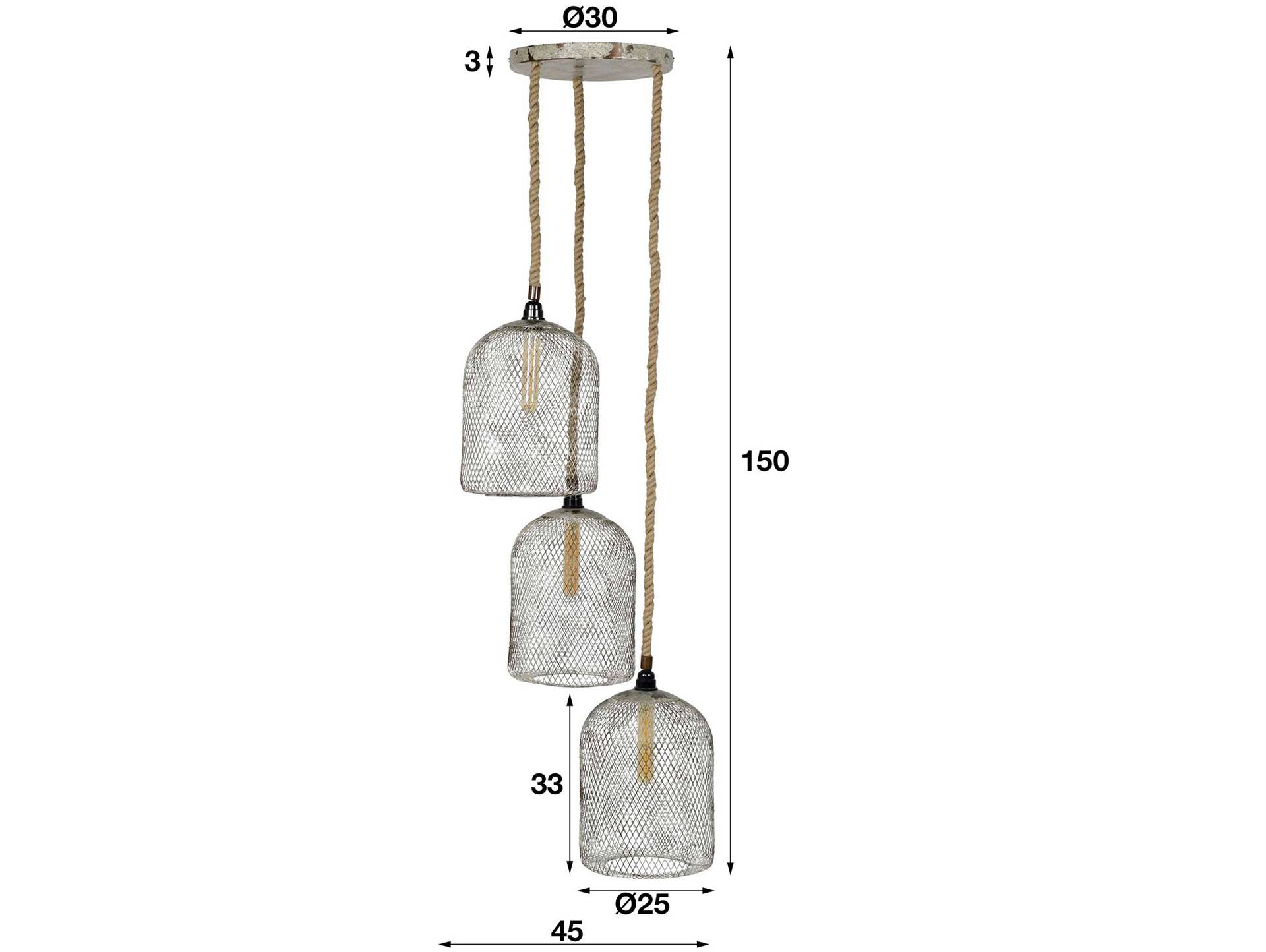 CLIVO Hängelampe I mit 3 Schirmen aus Metallgeflecht 