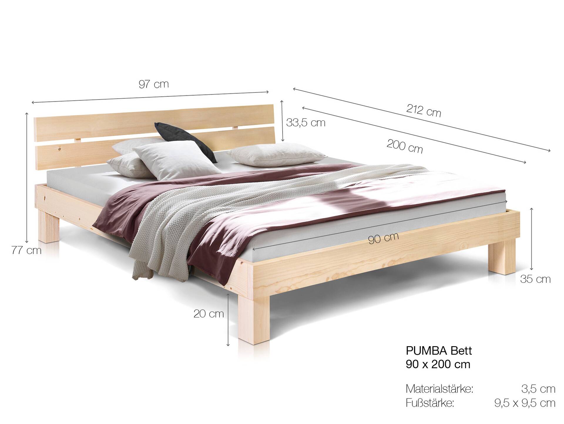 PUMBA Massivholzbett mit Kopfteil, Material Massivholz, Fichte 90 x 200 cm | natur | Standardhöhe