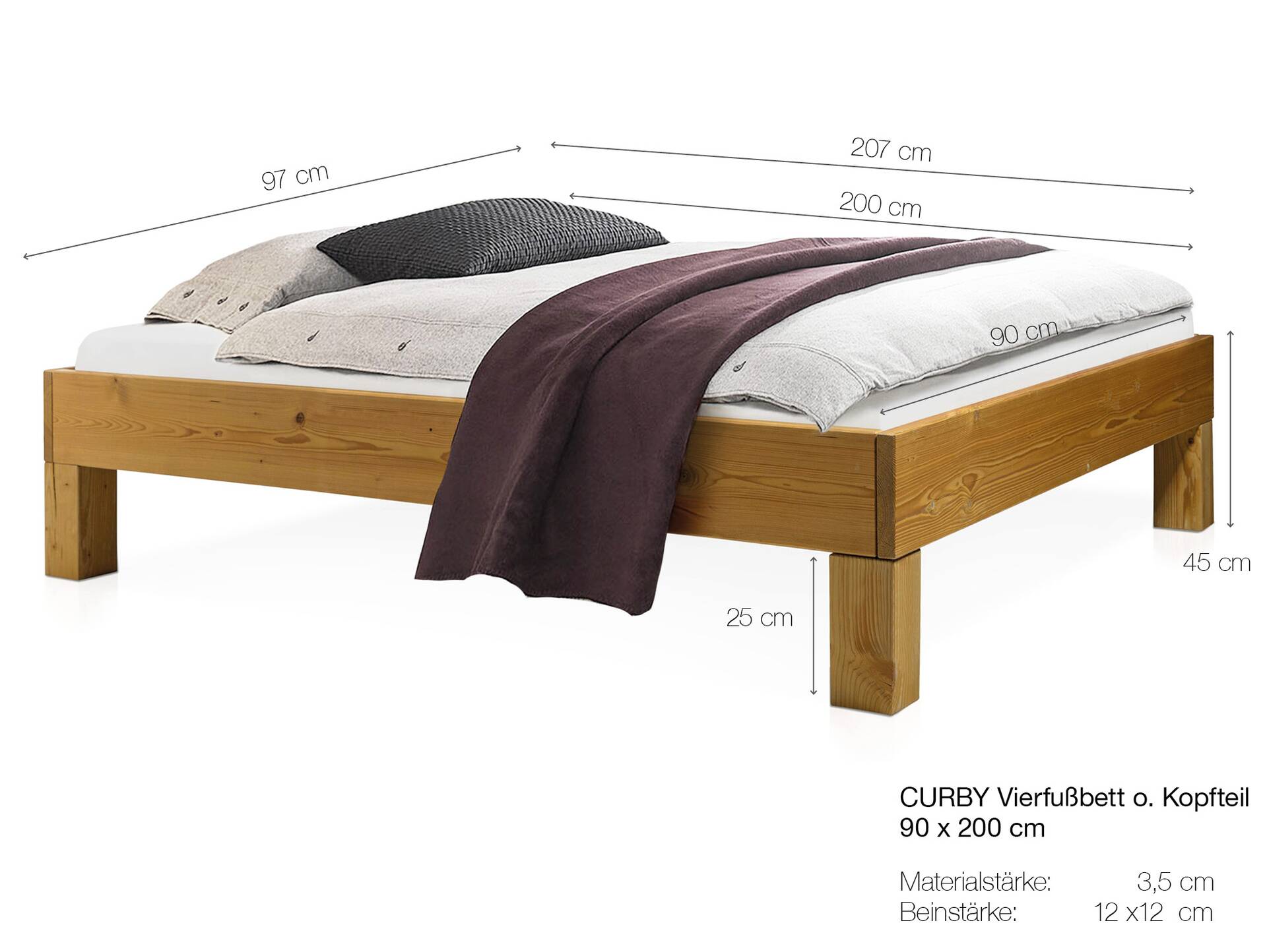 CURBY 4-Fuß-Bett ohne Kopfteil, Material Massivholz, rustikale Altholzoptik, Fichte 90 x 200 cm | vintage | Standardhöhe