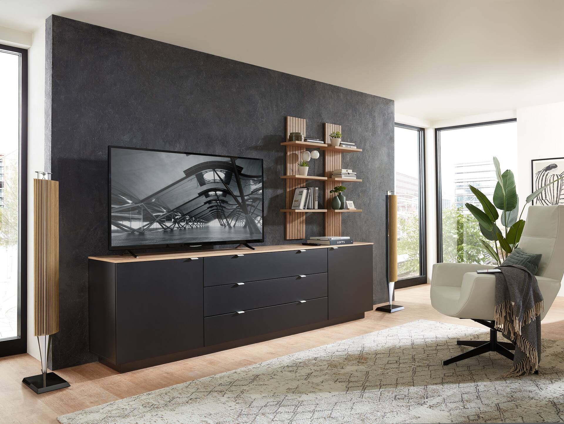 CASSINO TV-Sideboard, Material Dekorspanplatte, Artisan Eiche Nachbildung schwarz