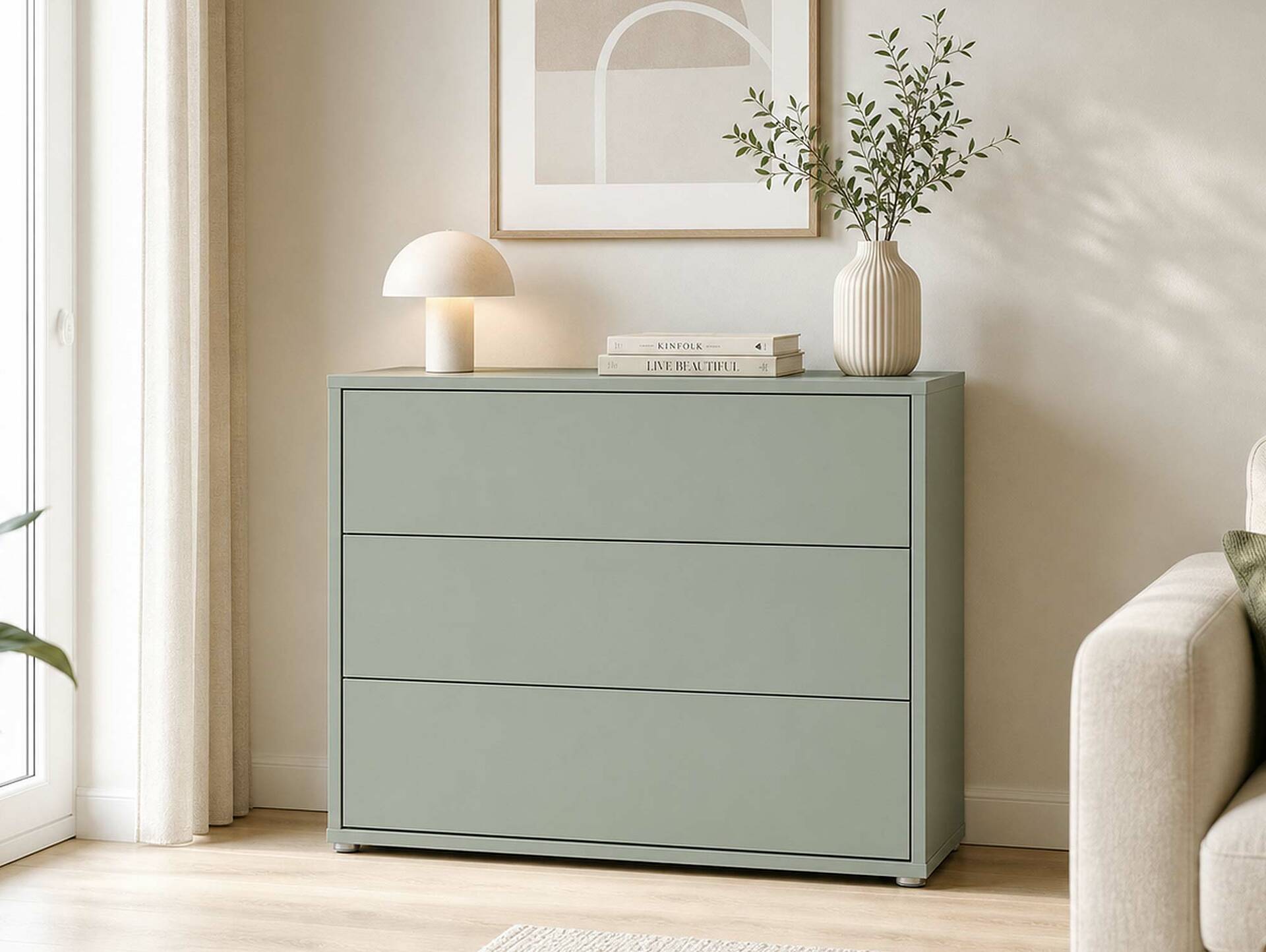 ADIAGO Kommode mit 3 Schubkästen, Material Dekorspanplatte Salbei
