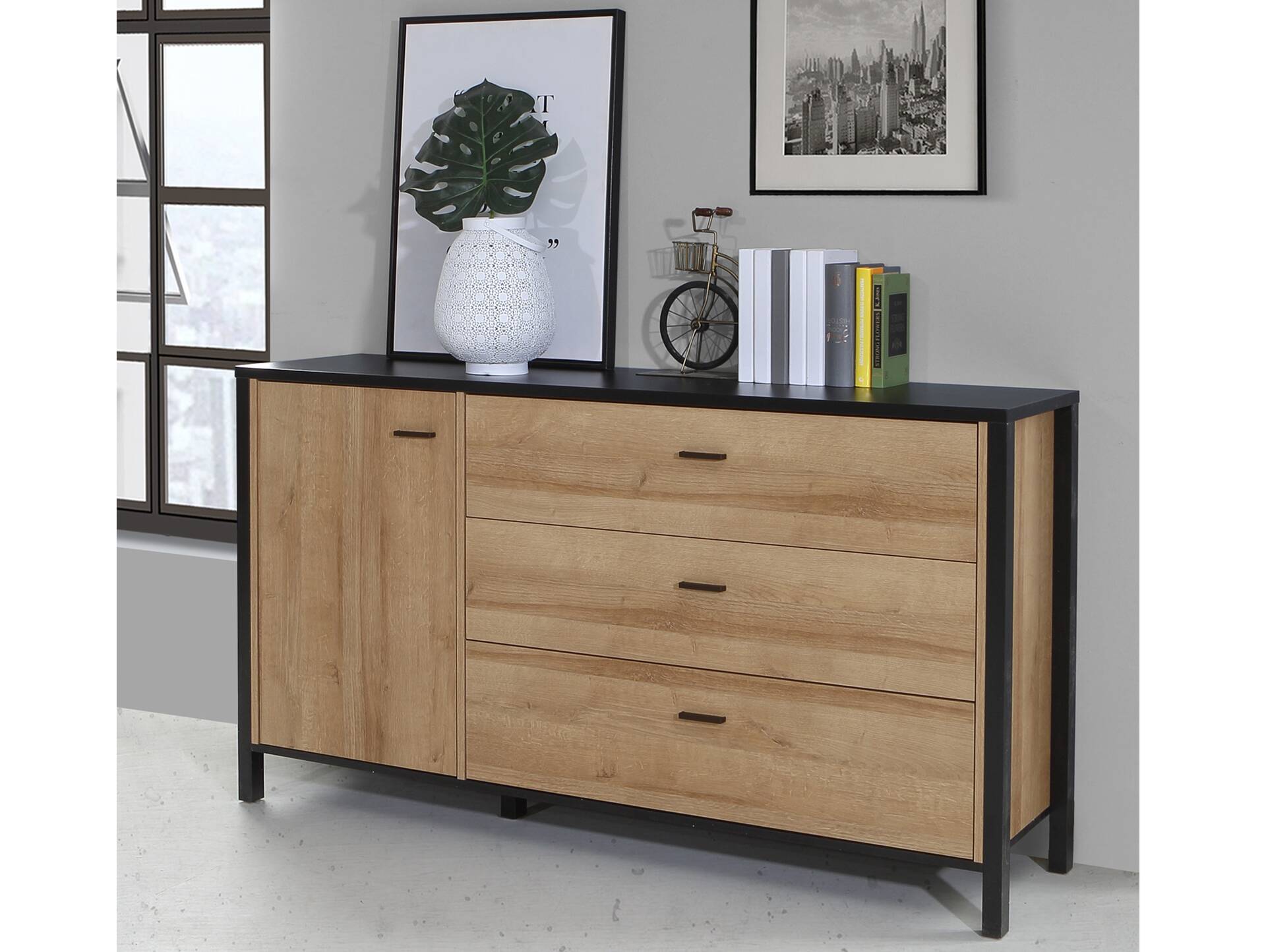 HAVANO Sideboard L, Material Dekorspanplatte, Riviera Eichefarbig/schwarz 