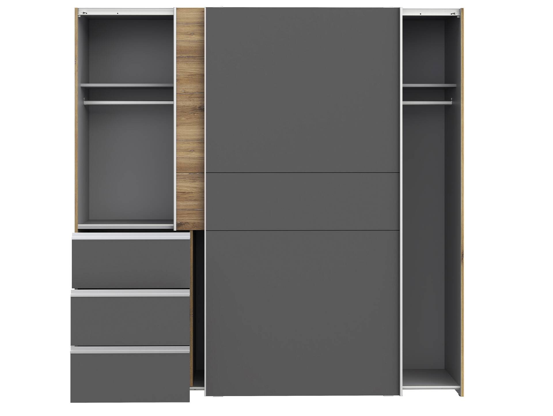 CESSANDRA Schwebetürenschrank, Material Dekorspanplatte Flagstaff eichefarbig / dunkelgrau