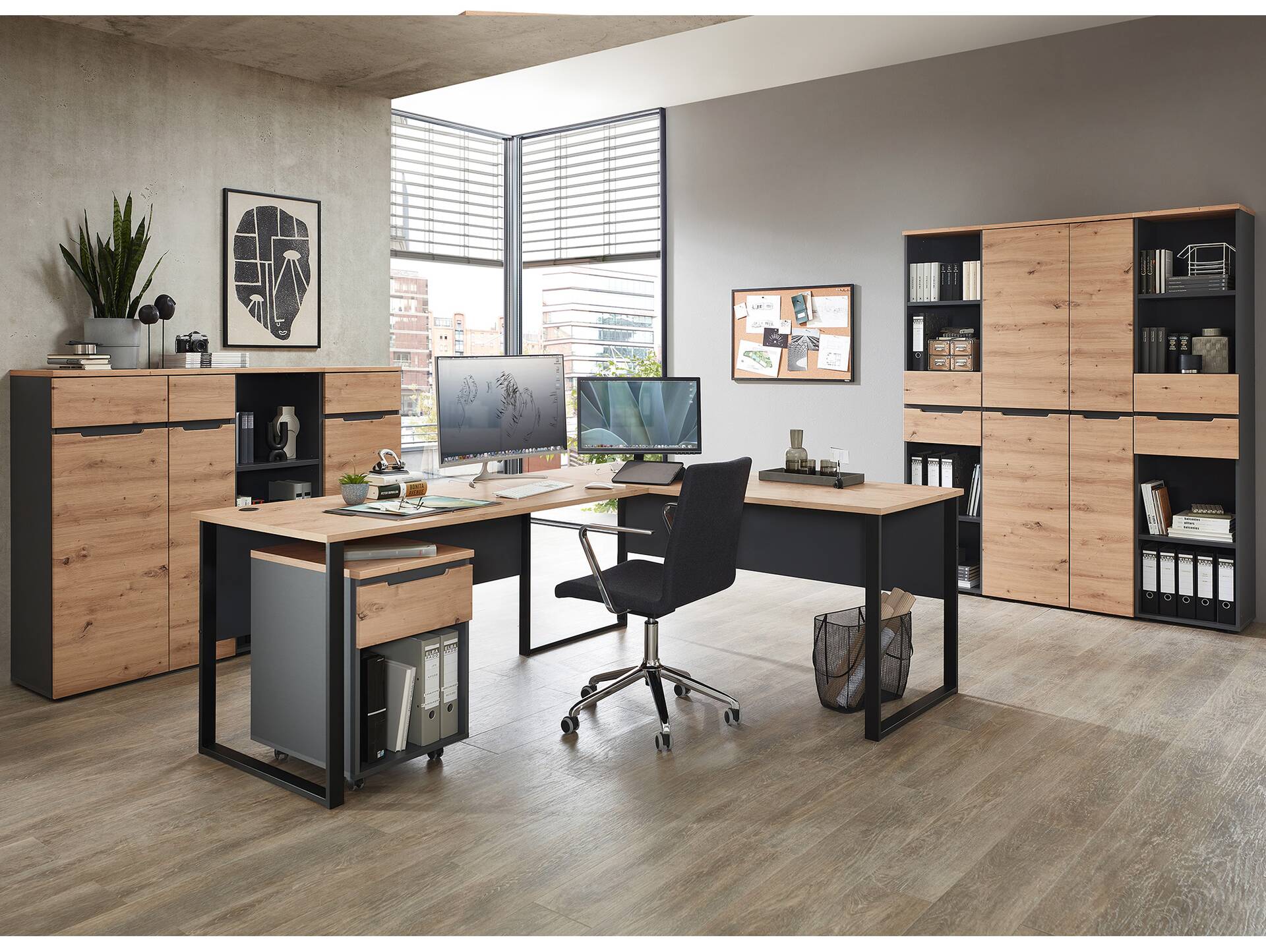 MAILAND Büroschrank I, Material Dekorspanplatte Artisan Eichefarbig / Graphit