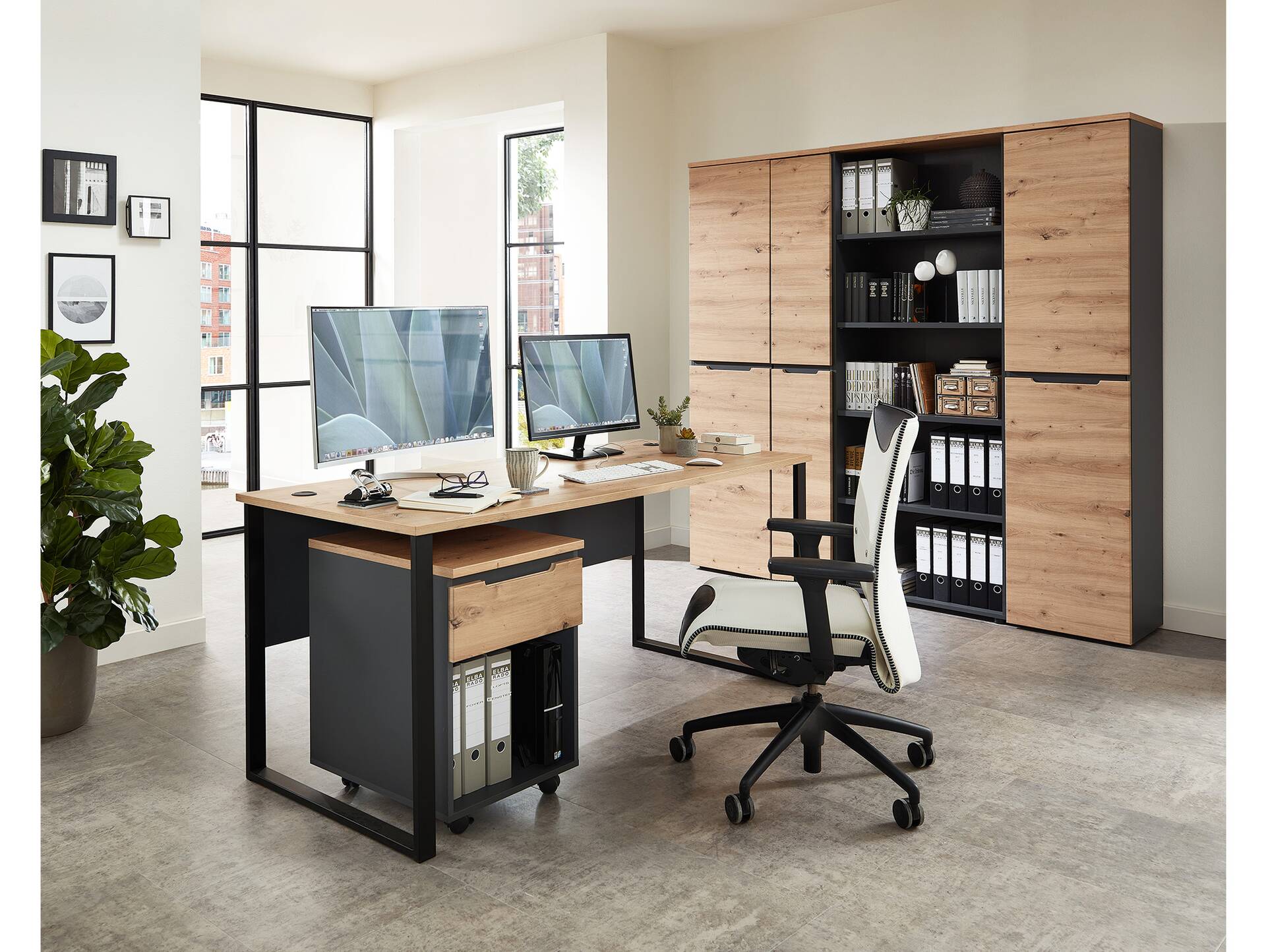 MAILAND Büroregal I, Material Dekorspanplatte Artisan Eichefarbig / Graphit