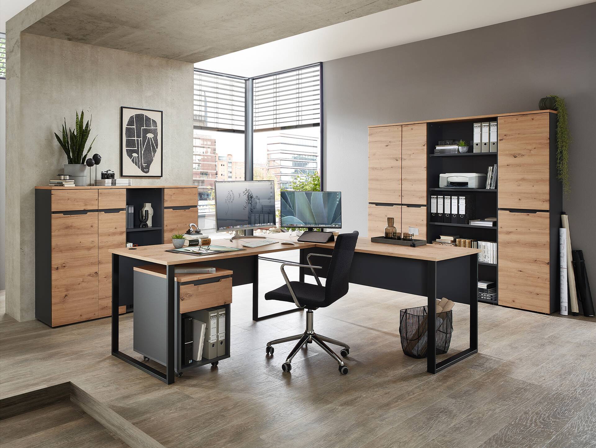 MAILAND Büroschrank III, Material Dekorspanplatte Artisan Eichefarbig / Graphit